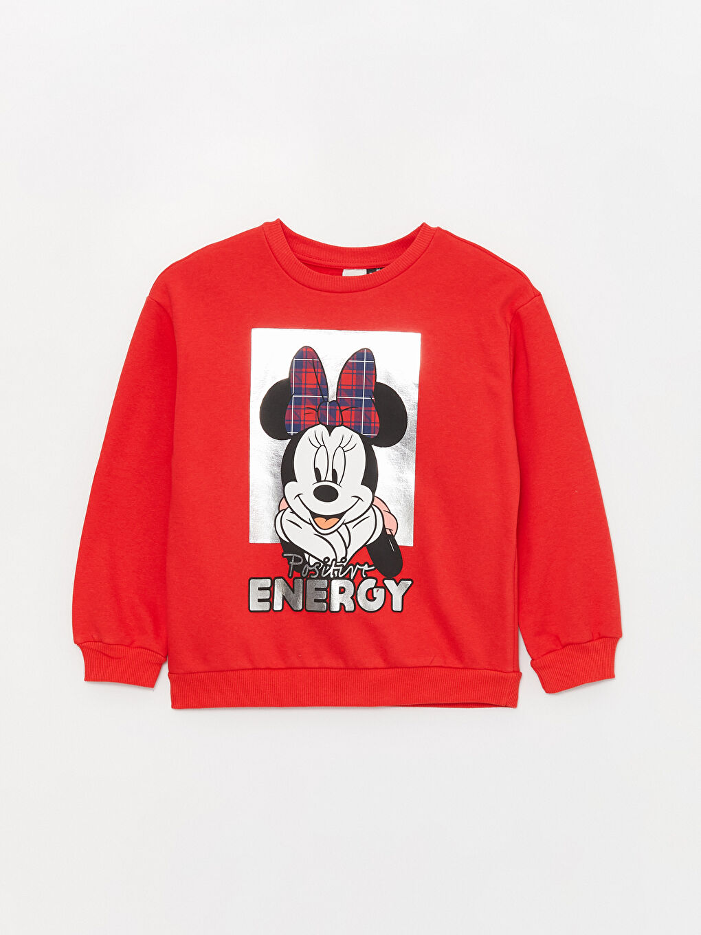 LCW Kids Canlı Kırmızı Bisiklet Yaka Minnie Mouse Baskılı Uzun Kollu Kız Çocuk Sweatshirt