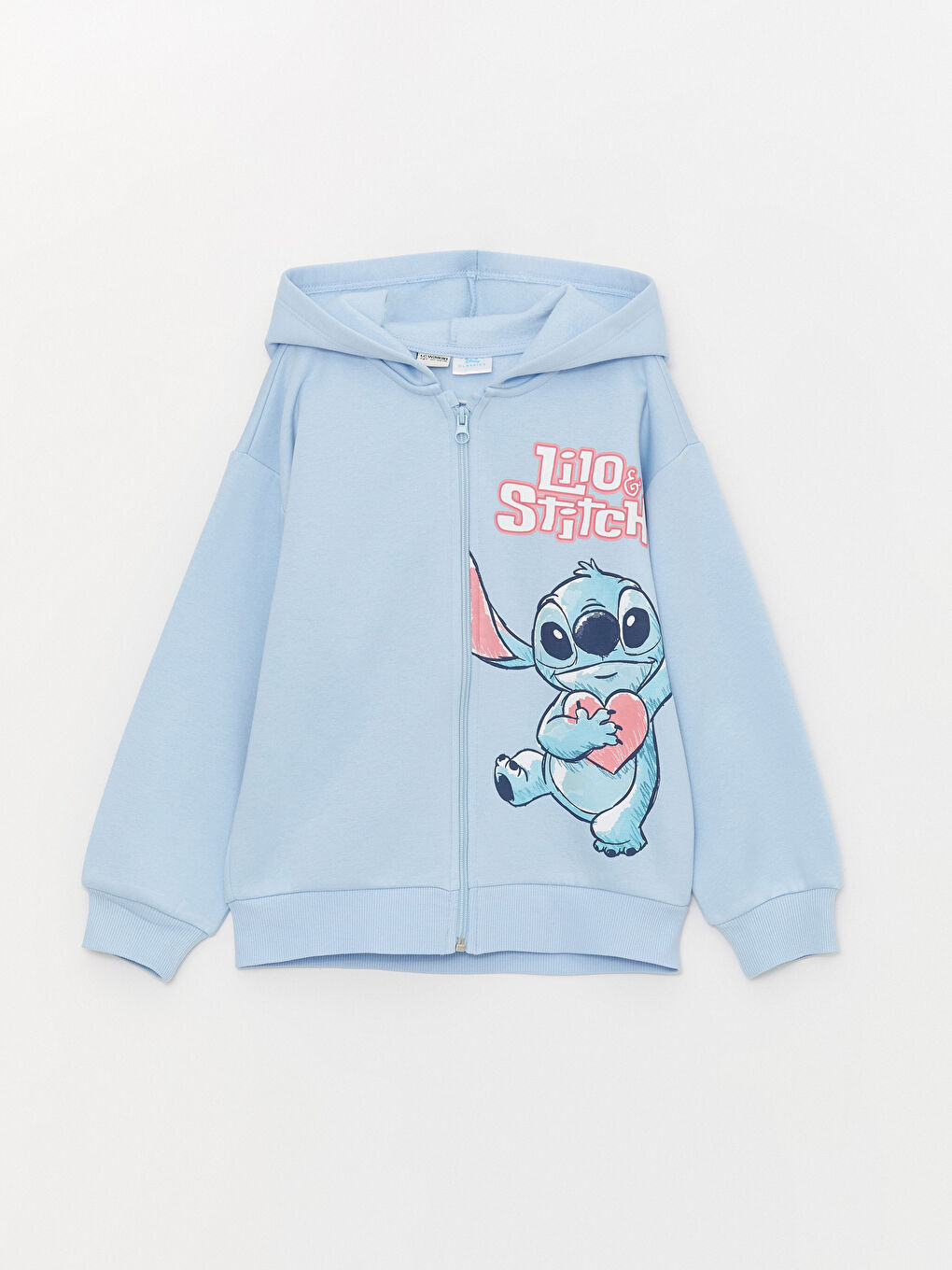 LCW Kids Açık Mavi Kapüşonlu Lilo ve Stitch Baskılı Uzun Kollu Kız Çocuk Fermuarlı Sweatshirt