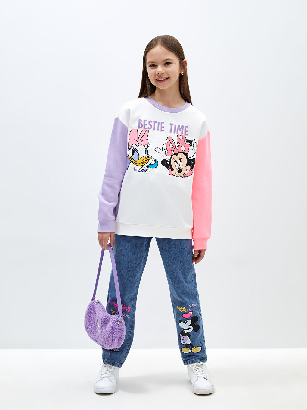 LCW Kids Ekru Bisiklet Yaka Minnie Mouse Baskılı Uzun Kollu Kız Çocuk Sweatshirt - 1