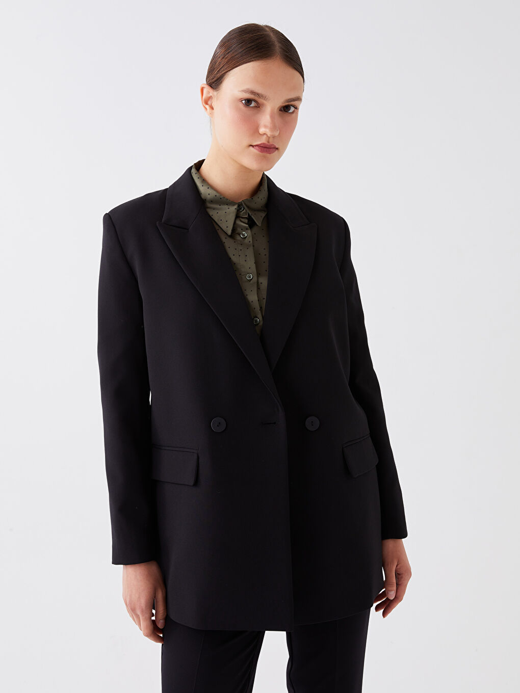 Siyah Düz Uzun Kollu Kadın Blazer Ceket-1