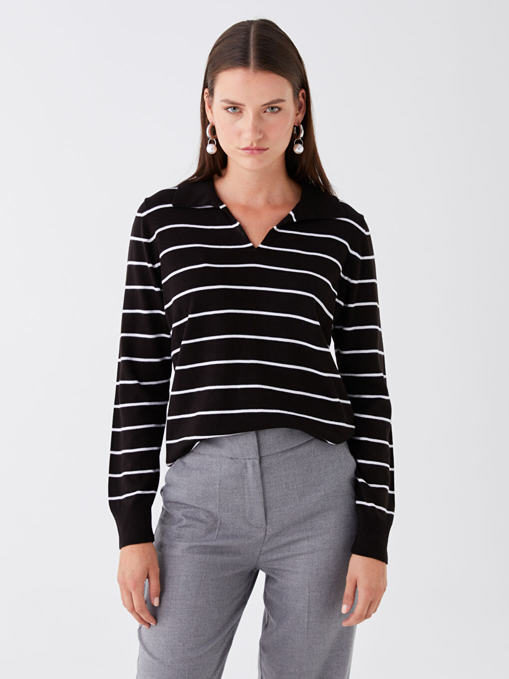 Ekru Polo Yaka Çizgili Uzun Kollu Kadın Triko Kazak