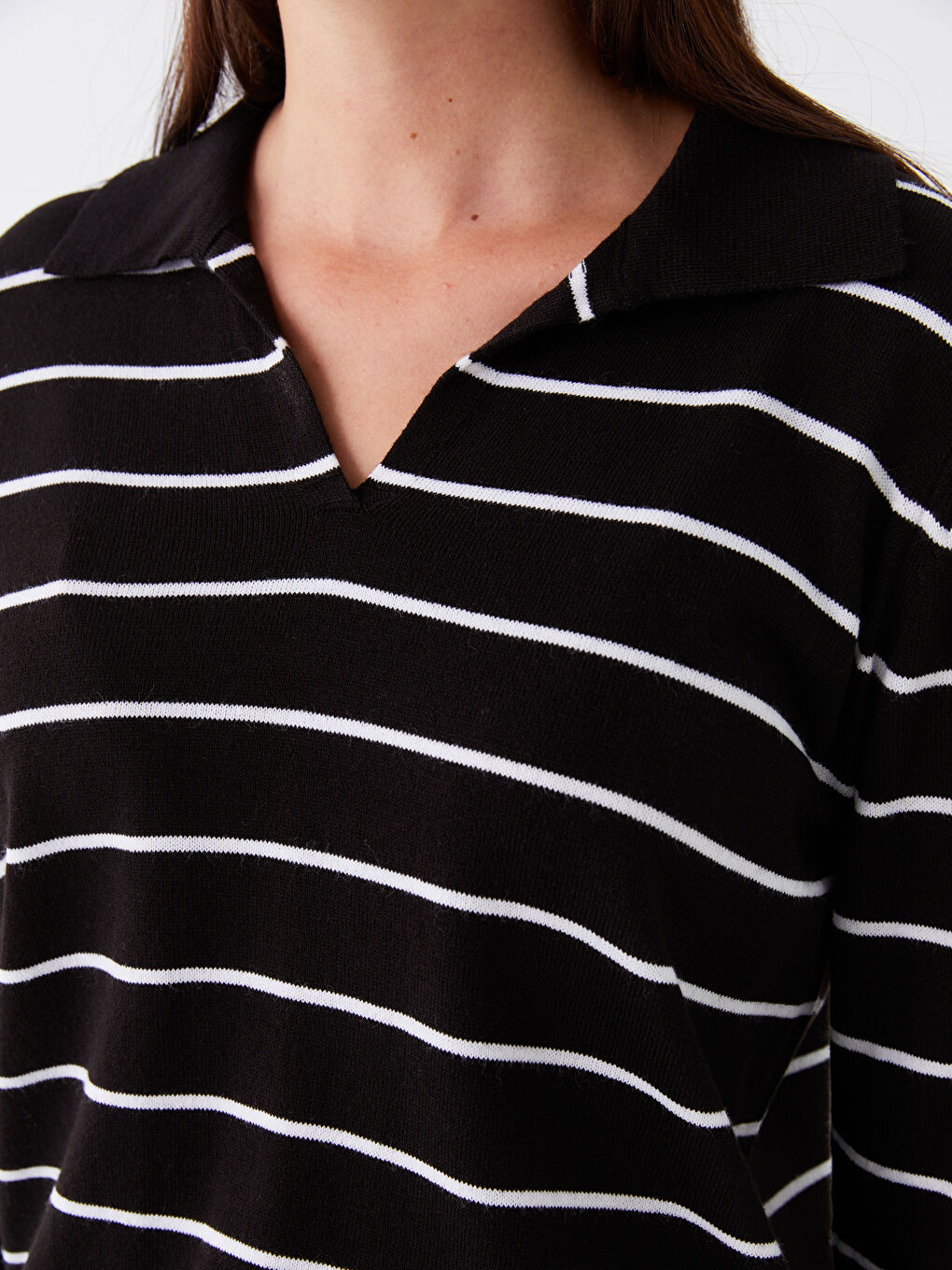 Ekru Polo Yaka Çizgili Uzun Kollu Kadın Triko Kazak-3