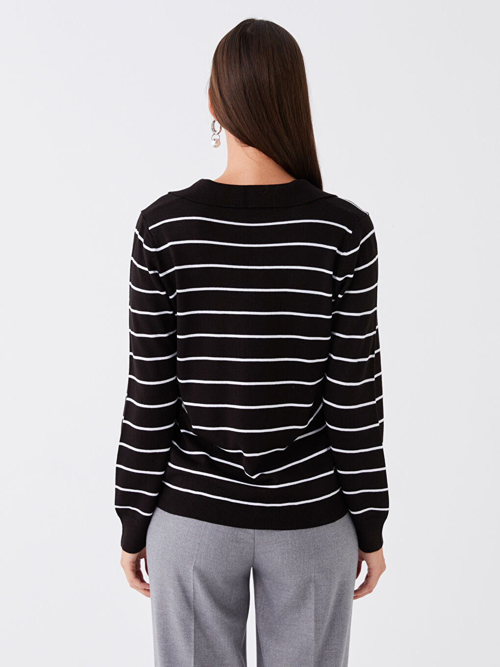Ekru Polo Yaka Çizgili Uzun Kollu Kadın Triko Kazak-4