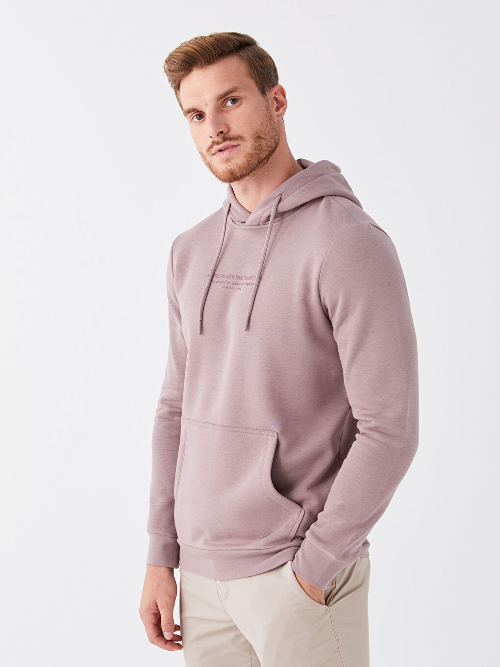 Lila Uzun Kollu Baskılı Erkek Kalın Hoodie