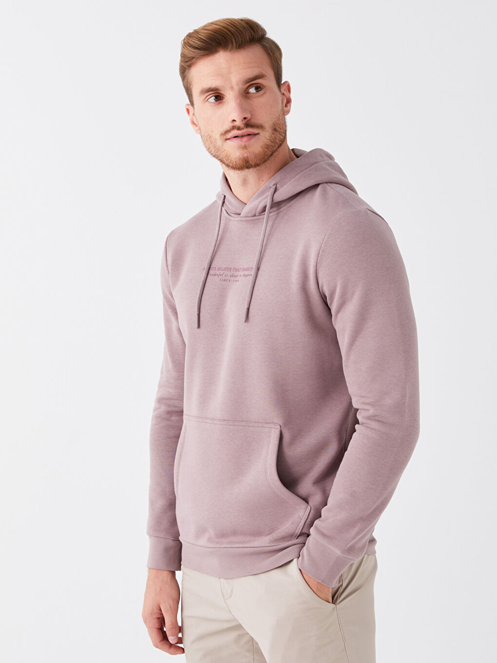 Lila Uzun Kollu Baskılı Erkek Kalın Hoodie-1