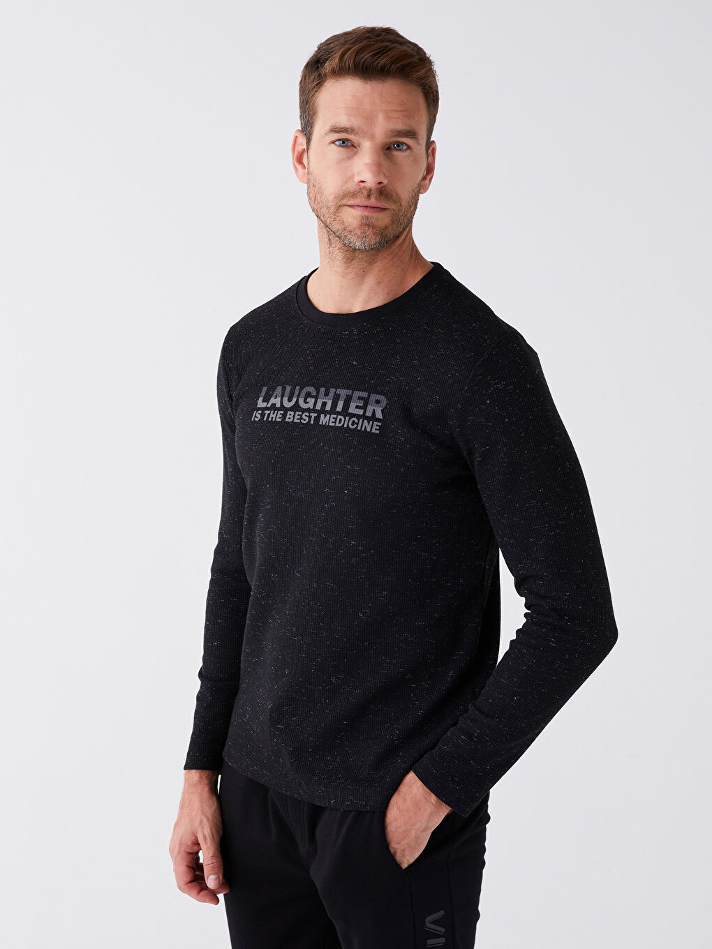 Siyah Bisiklet Yaka Uzun Kollu Erkek Sweatshirt