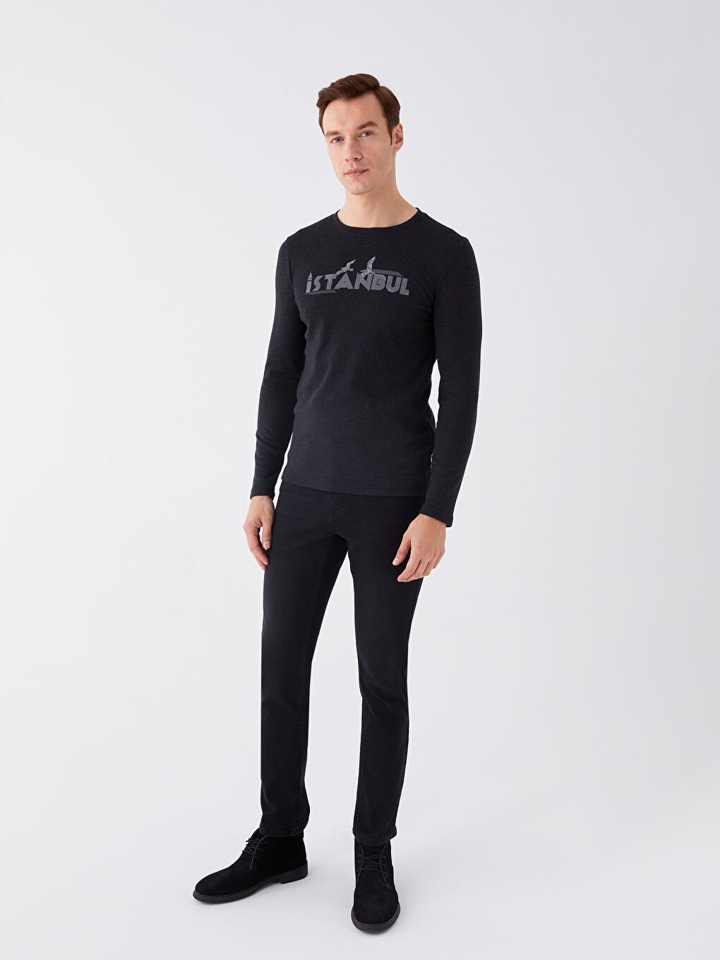 Antrasit Bisiklet Yaka Uzun Kollu İstanbul Baskılı Erkek Tişört-2