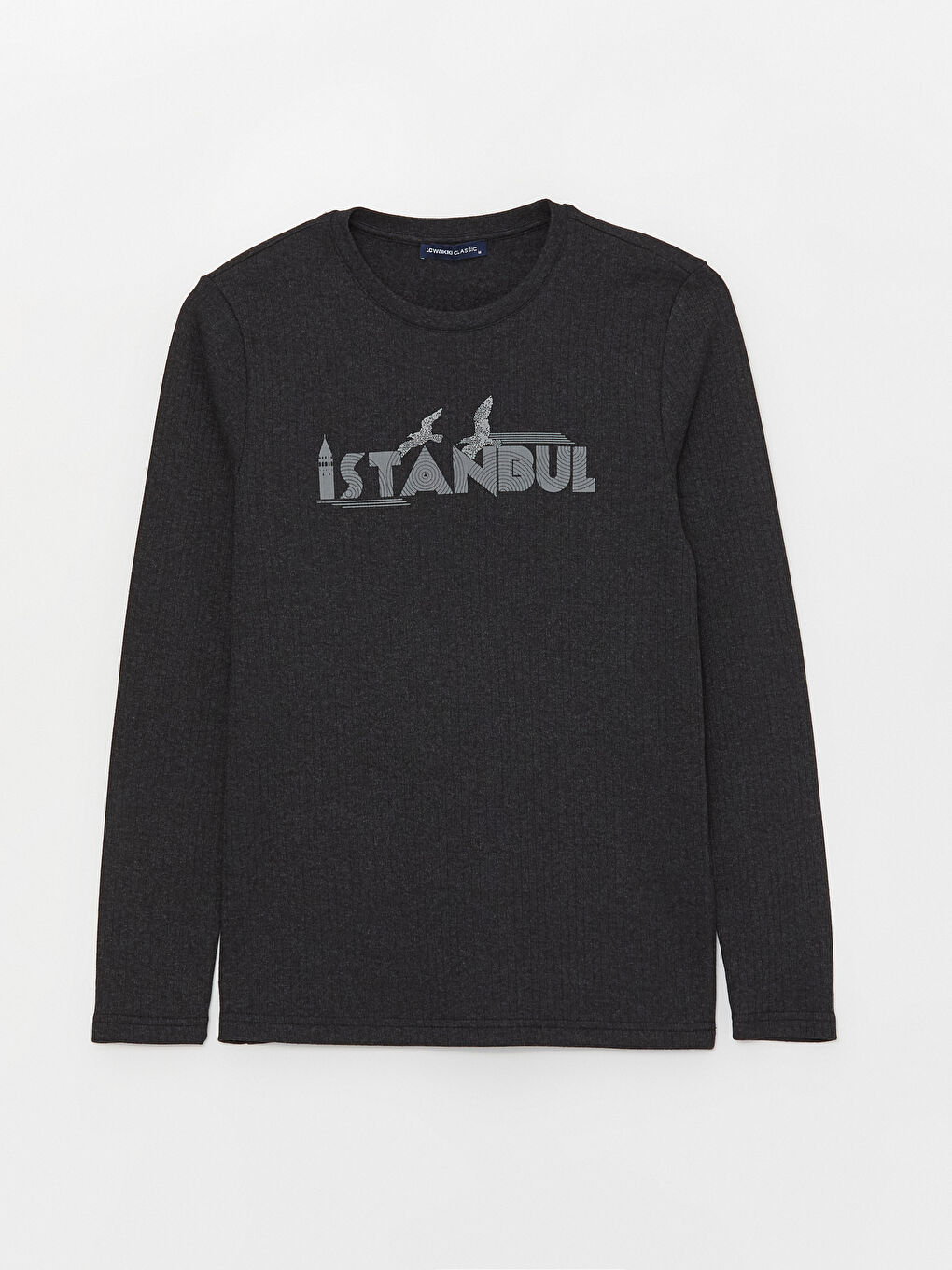 Antrasit Bisiklet Yaka Uzun Kollu İstanbul Baskılı Erkek Tişört-5