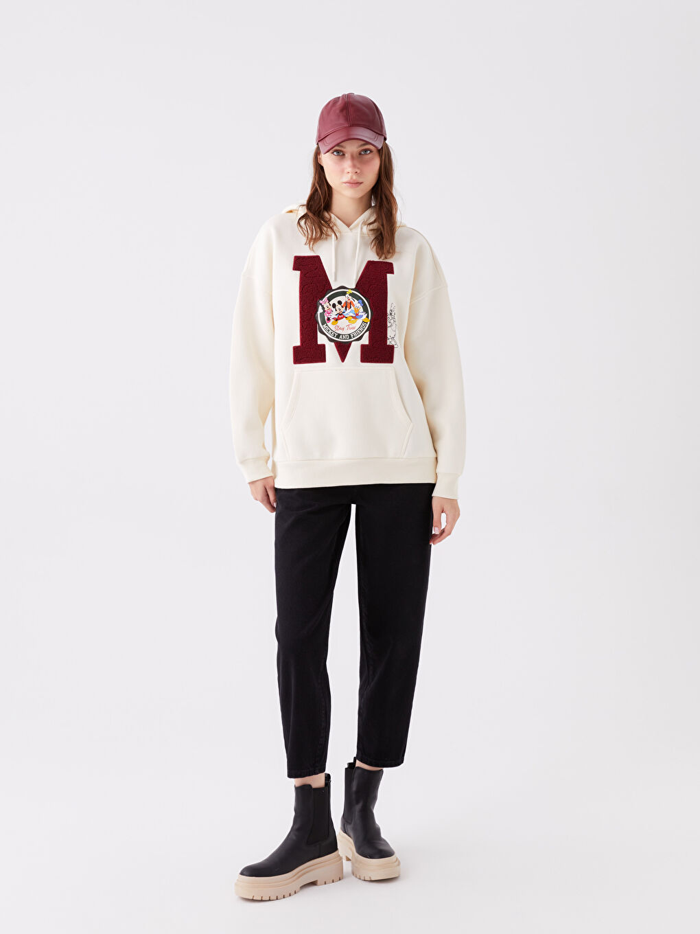 LCW Vision Krem Rengi Mickey ve Arkadaşları Baskılı Oversize Kadın Kalın Hoodie - 2