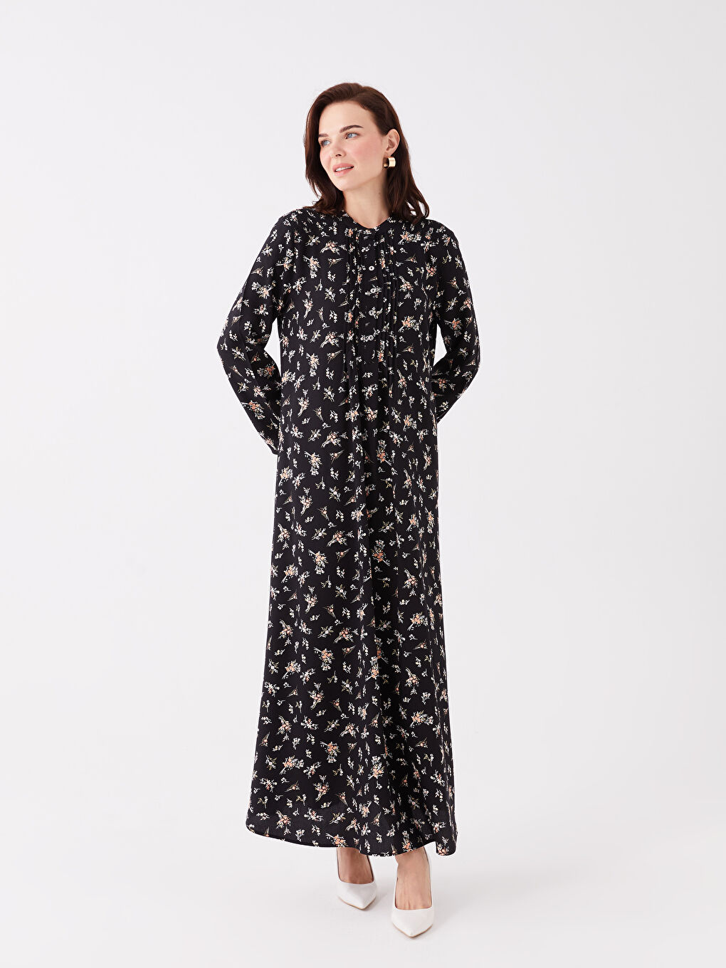 Bej Hakim Yaka Çiçekli Uzun Kollu Kadın Gömlek Elbise