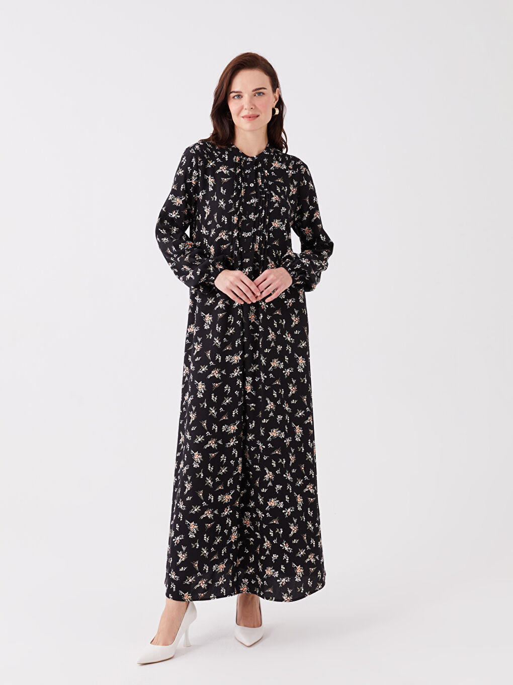 Bej Hakim Yaka Çiçekli Uzun Kollu Kadın Gömlek Elbise-1