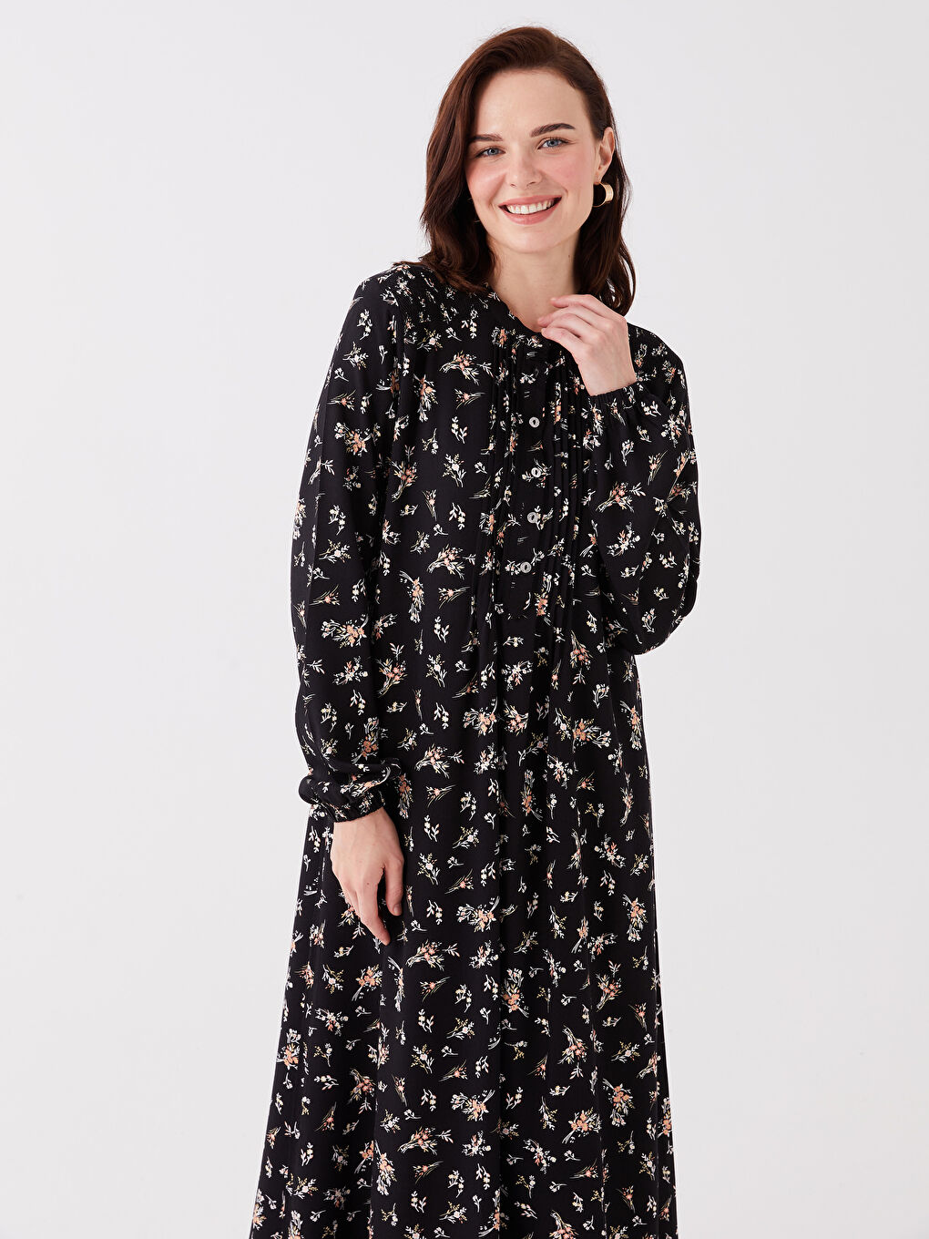 Bej Hakim Yaka Çiçekli Uzun Kollu Kadın Gömlek Elbise-2