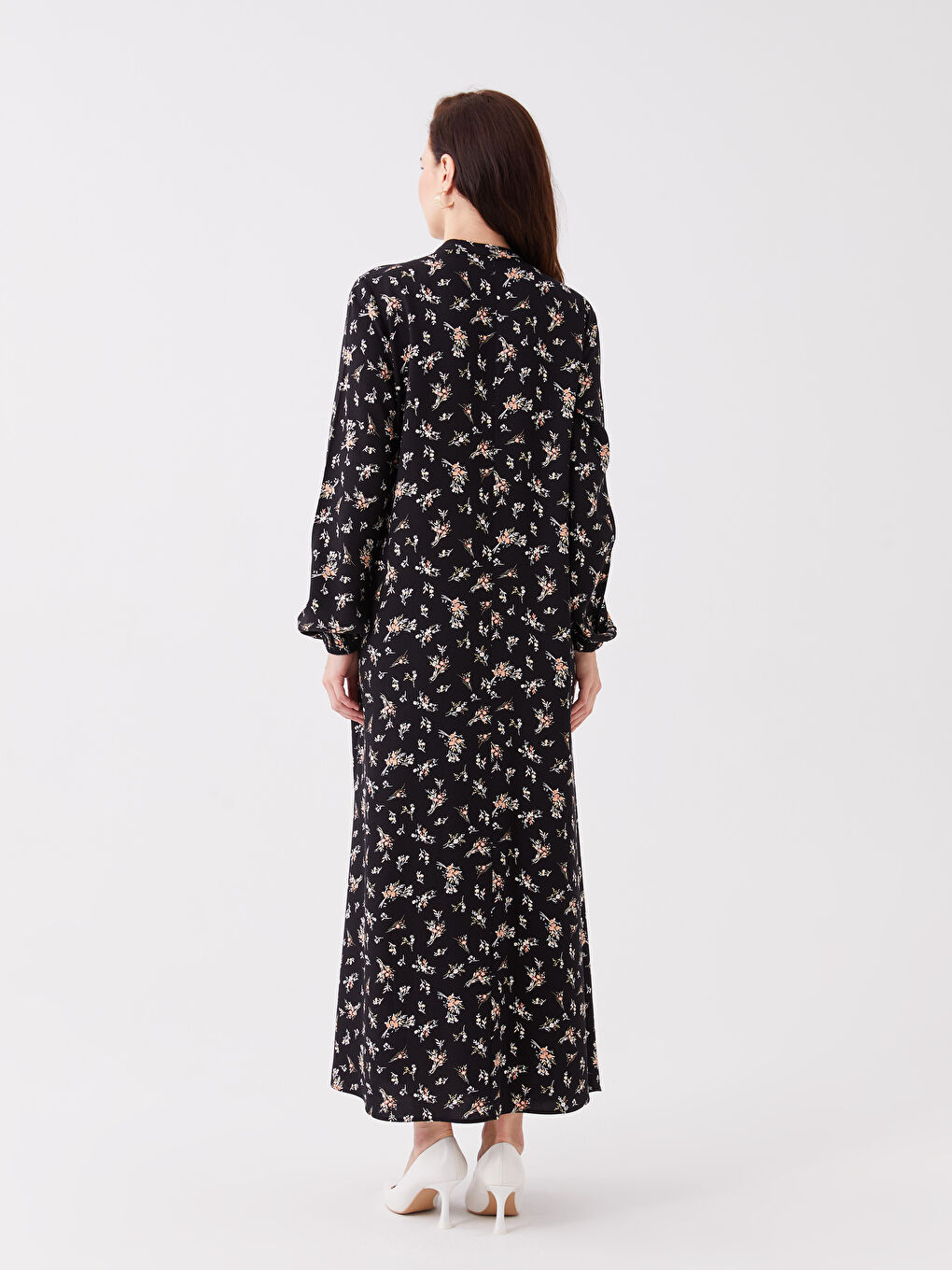 Bej Hakim Yaka Çiçekli Uzun Kollu Kadın Gömlek Elbise-4