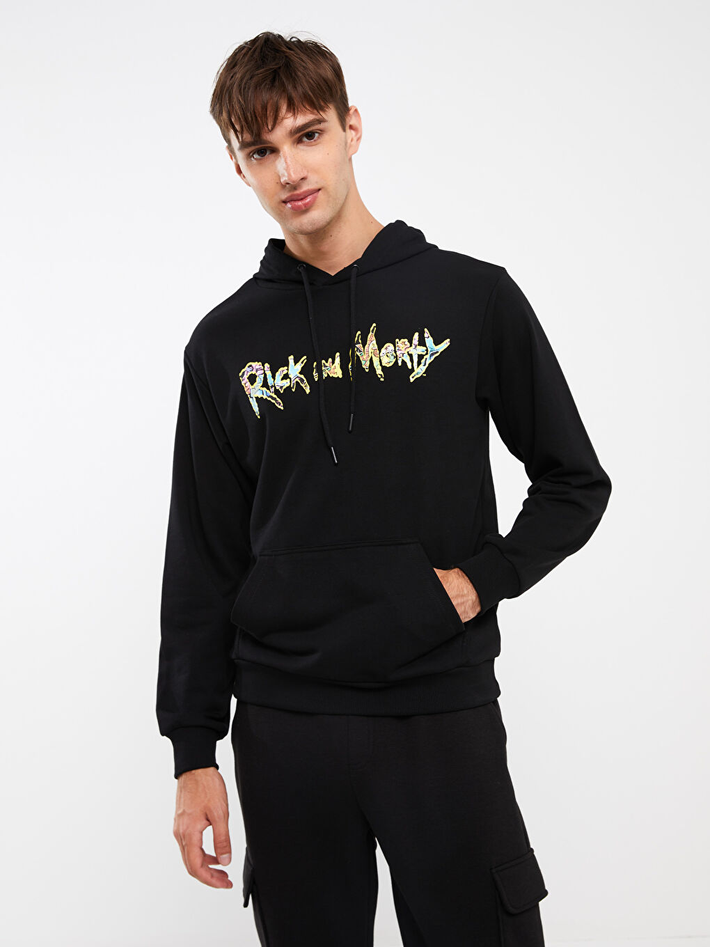 XSIDE Yeni Siyah Uzun Kollu Rick and Morty Baskılı Erkek Hoodie