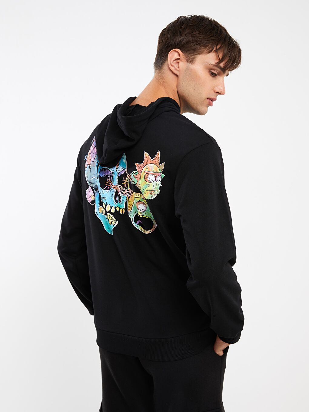 XSIDE Yeni Siyah Uzun Kollu Rick and Morty Baskılı Erkek Hoodie - 1