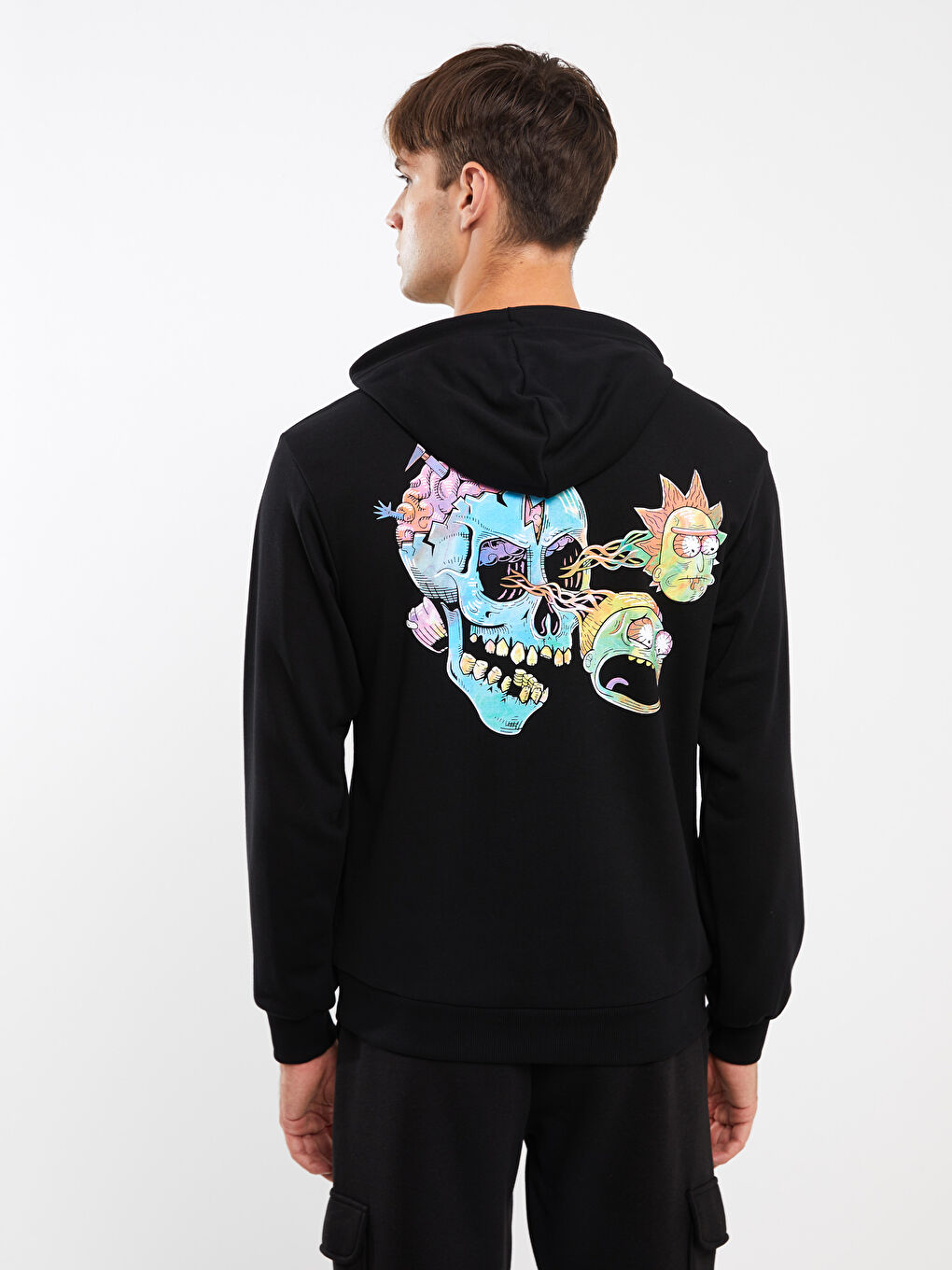 XSIDE Yeni Siyah Uzun Kollu Rick and Morty Baskılı Erkek Hoodie - 4