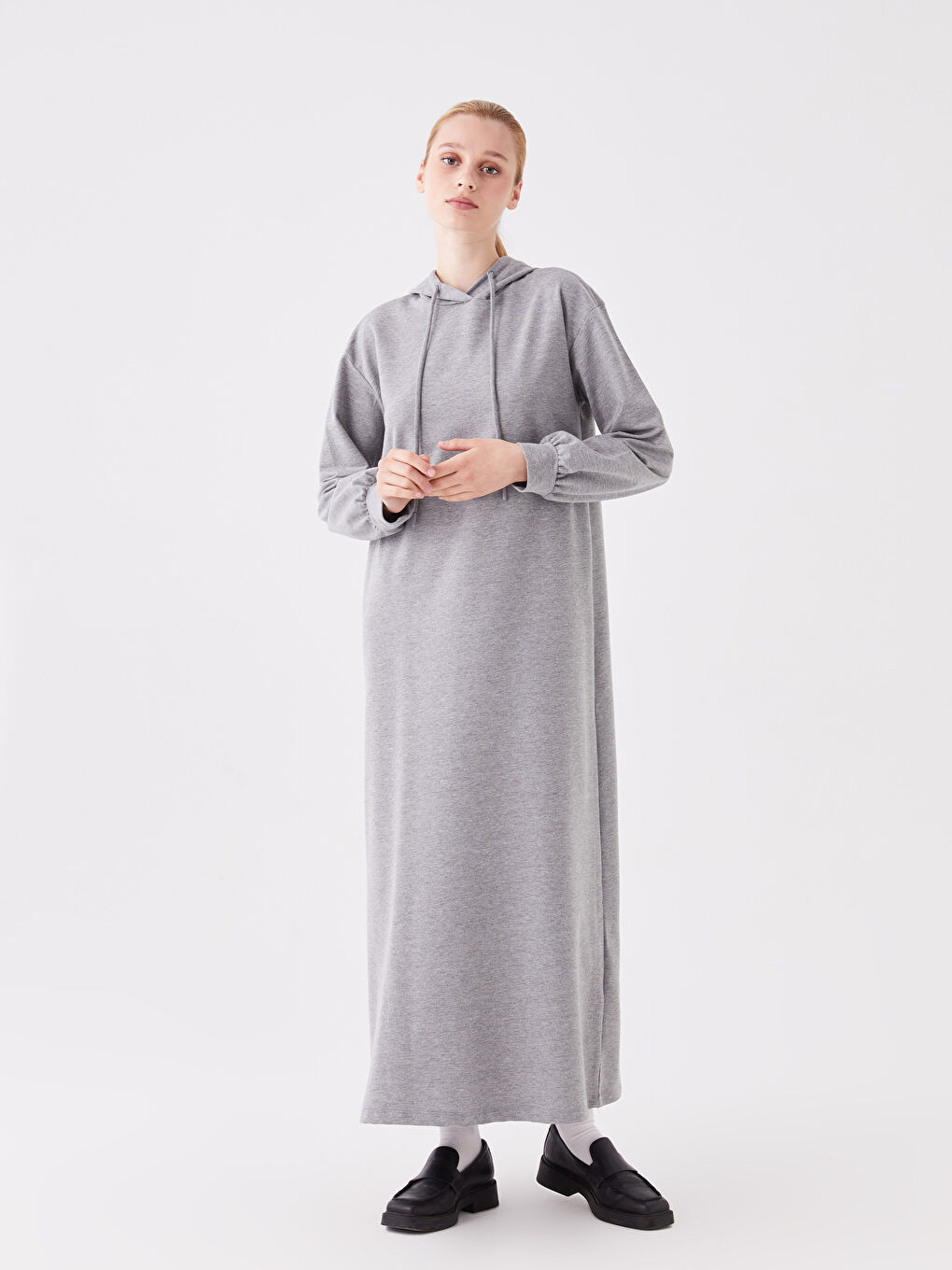 LCW Modest Grey Mel - Lacivert Kapüşonlu Düz Uzun Kollu Kadın Elbise