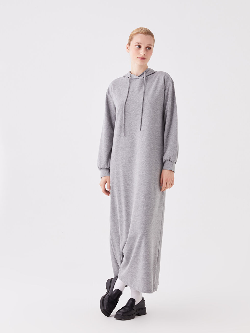 LCW Modest Grey Mel - Lacivert Kapüşonlu Düz Uzun Kollu Kadın Elbise - 1