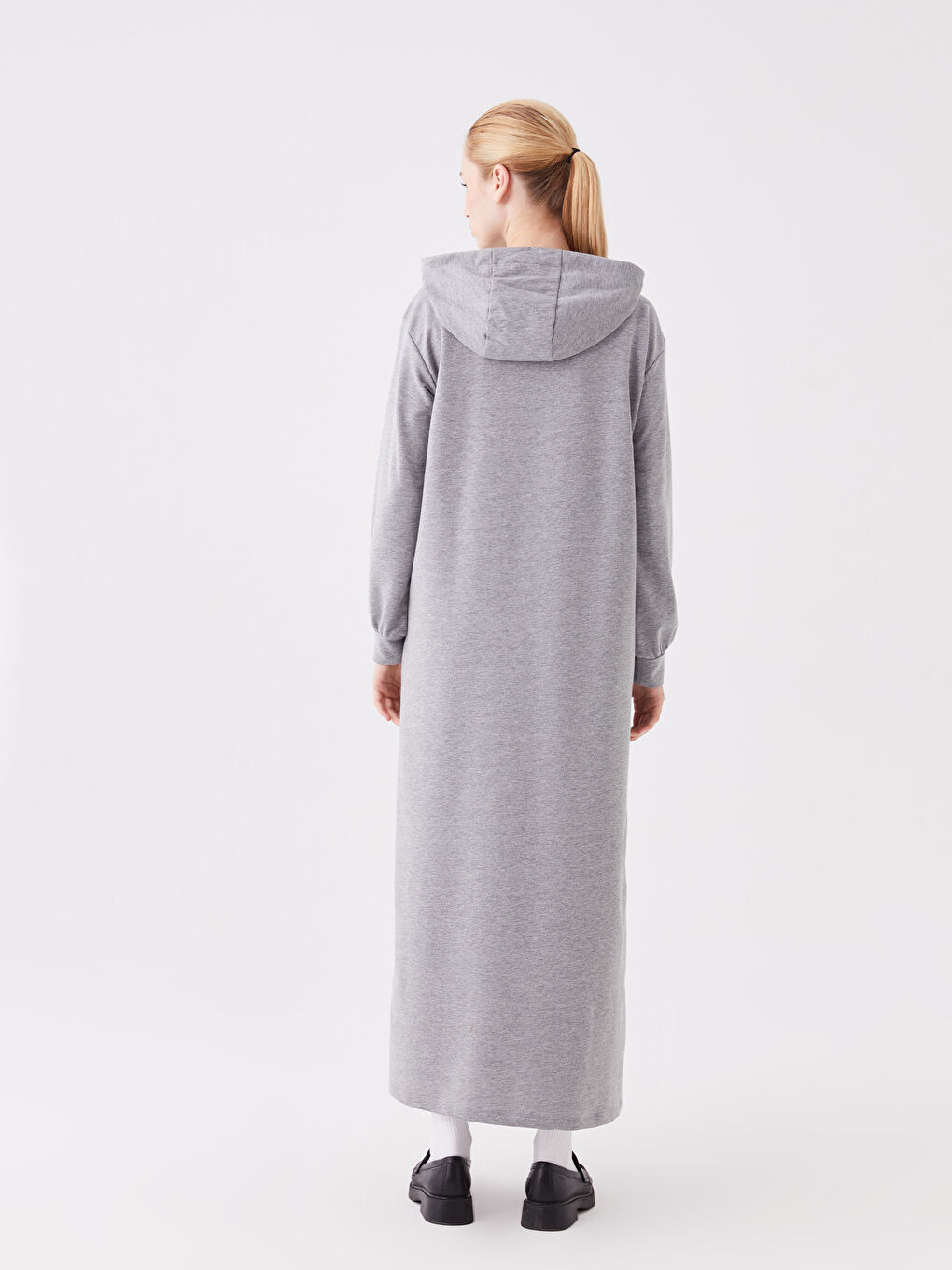 LCW Modest Grey Mel - Lacivert Kapüşonlu Düz Uzun Kollu Kadın Elbise - 4