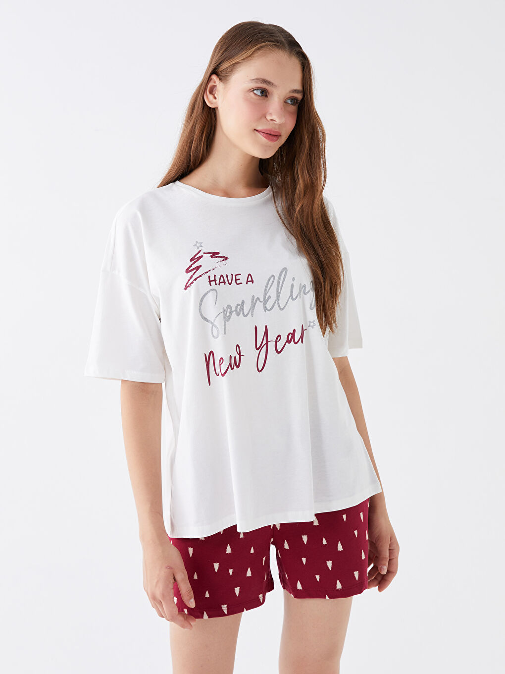 Set de pijamale scurte pentru femei, cu mânecă scurtă și guler rotund, imprimat