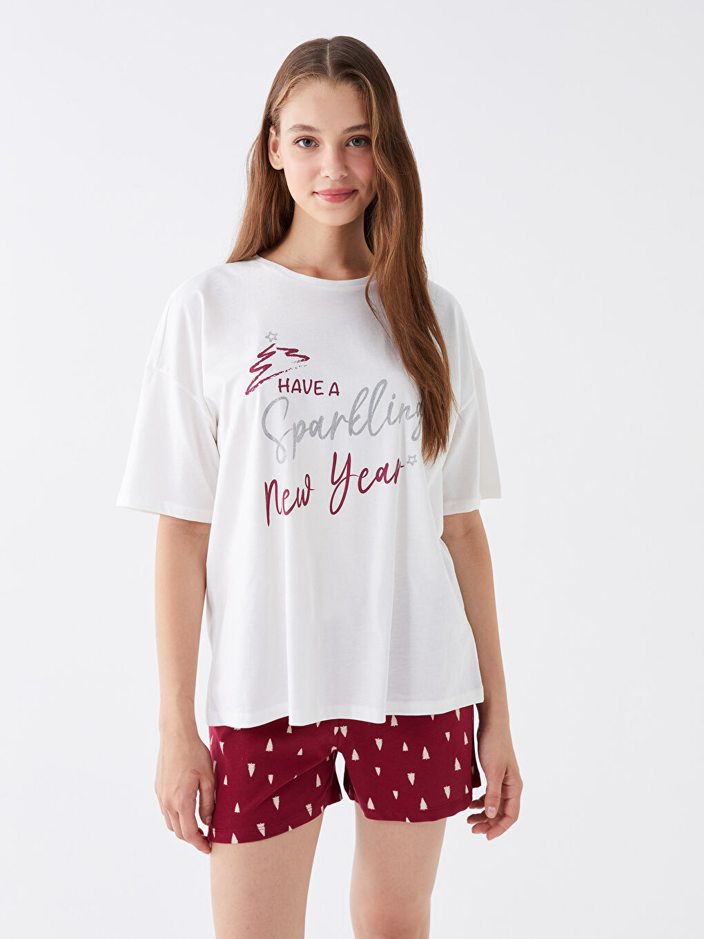 Set de pijamale scurte pentru femei, cu mânecă scurtă și guler rotund, imprimat-1