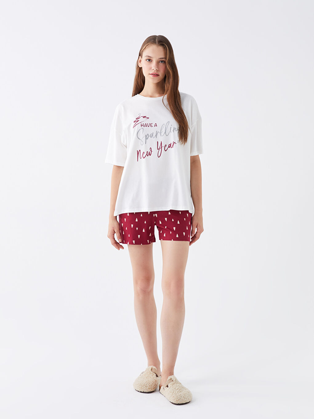 Set de pijamale scurte pentru femei, cu mânecă scurtă și guler rotund, imprimat-2