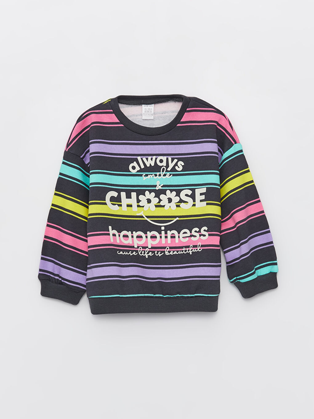 LCW baby Antrasit Çizgili Bisiklet Yaka Uzun Kollu Baskılı Kız Bebek Sweatshirt