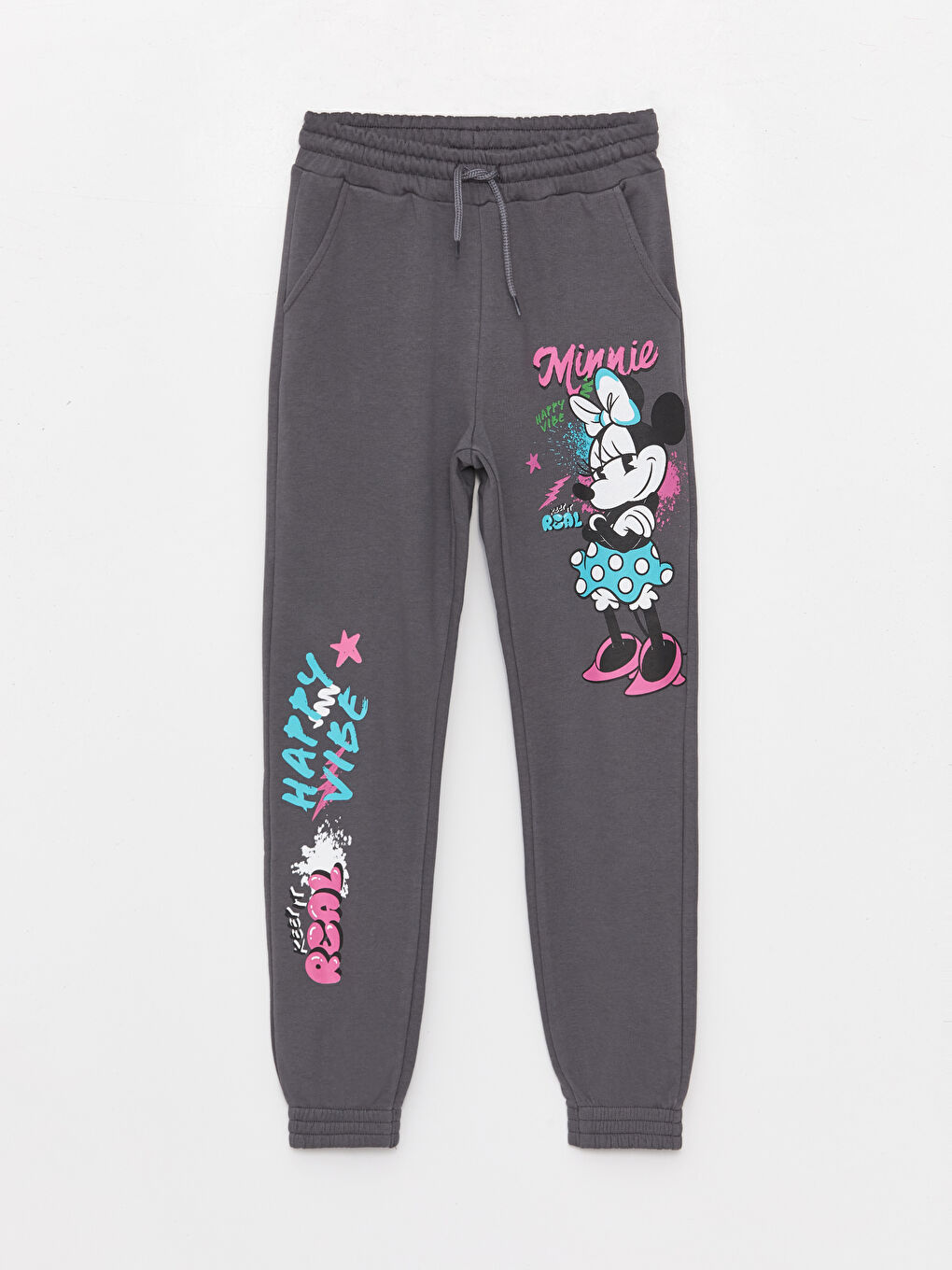 LCW Kids Koyu Gri Beli Lastikli Minnie Mouse Baskılı Kız Çocuk Jogger Eşofman Altı