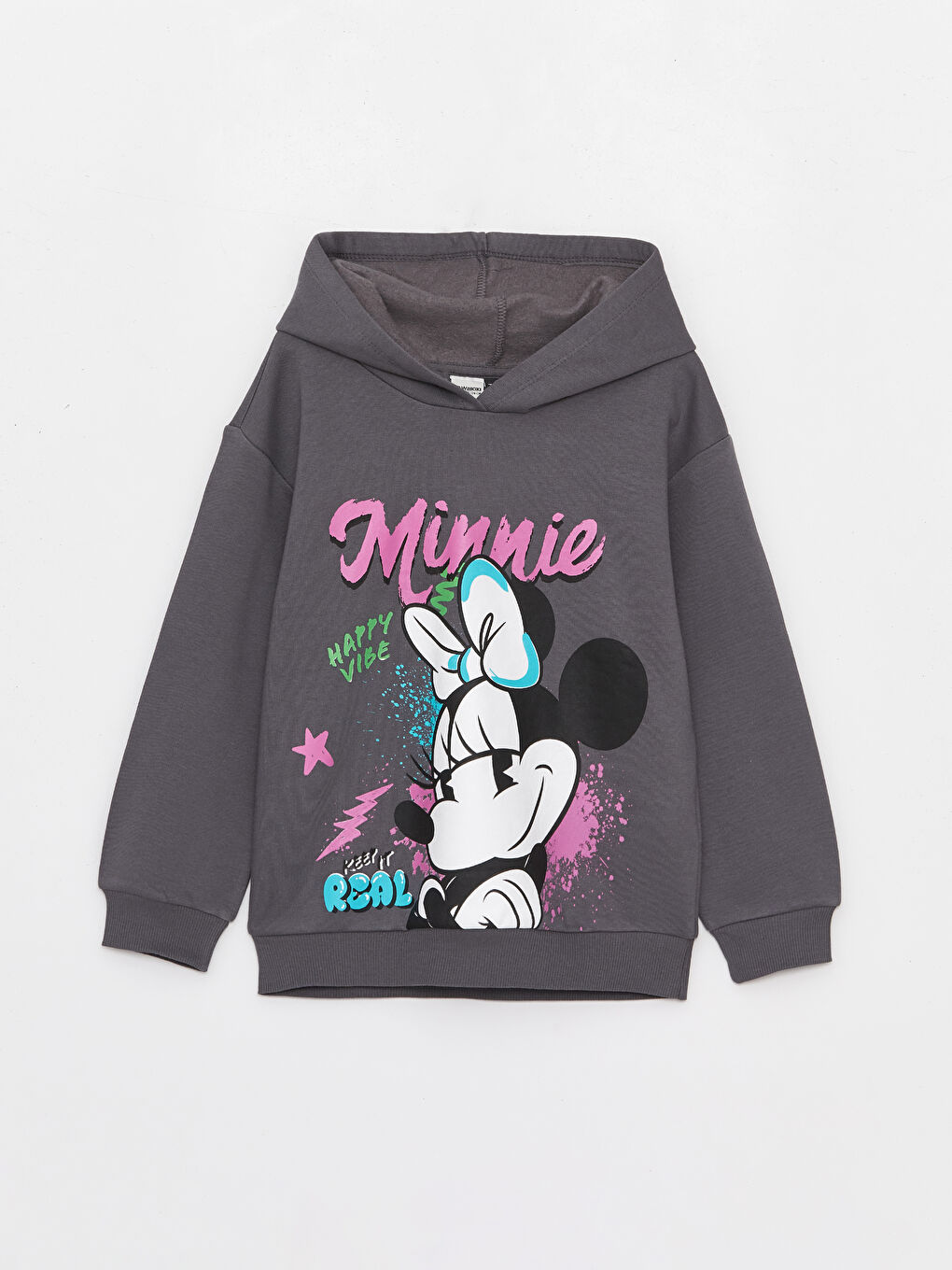 LCW Kids Gri Minnie Mouse Baskılı Uzun Kollu Kız Çocuk Hoodie