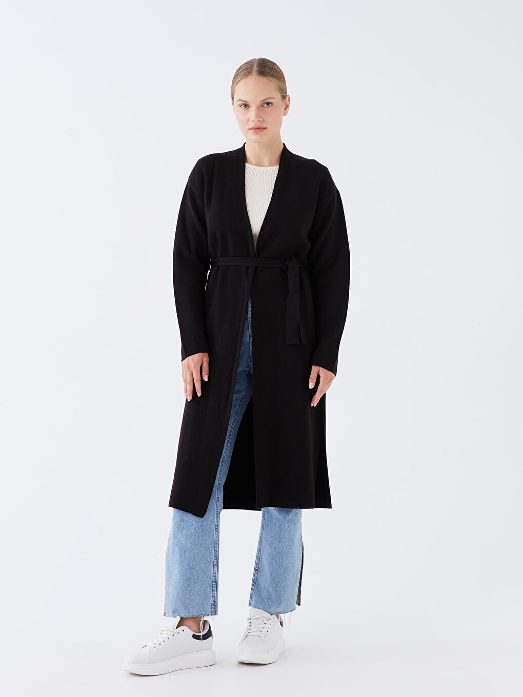 Siyah Şal Yaka Düz Uzun Kollu Kadın Triko Hırka