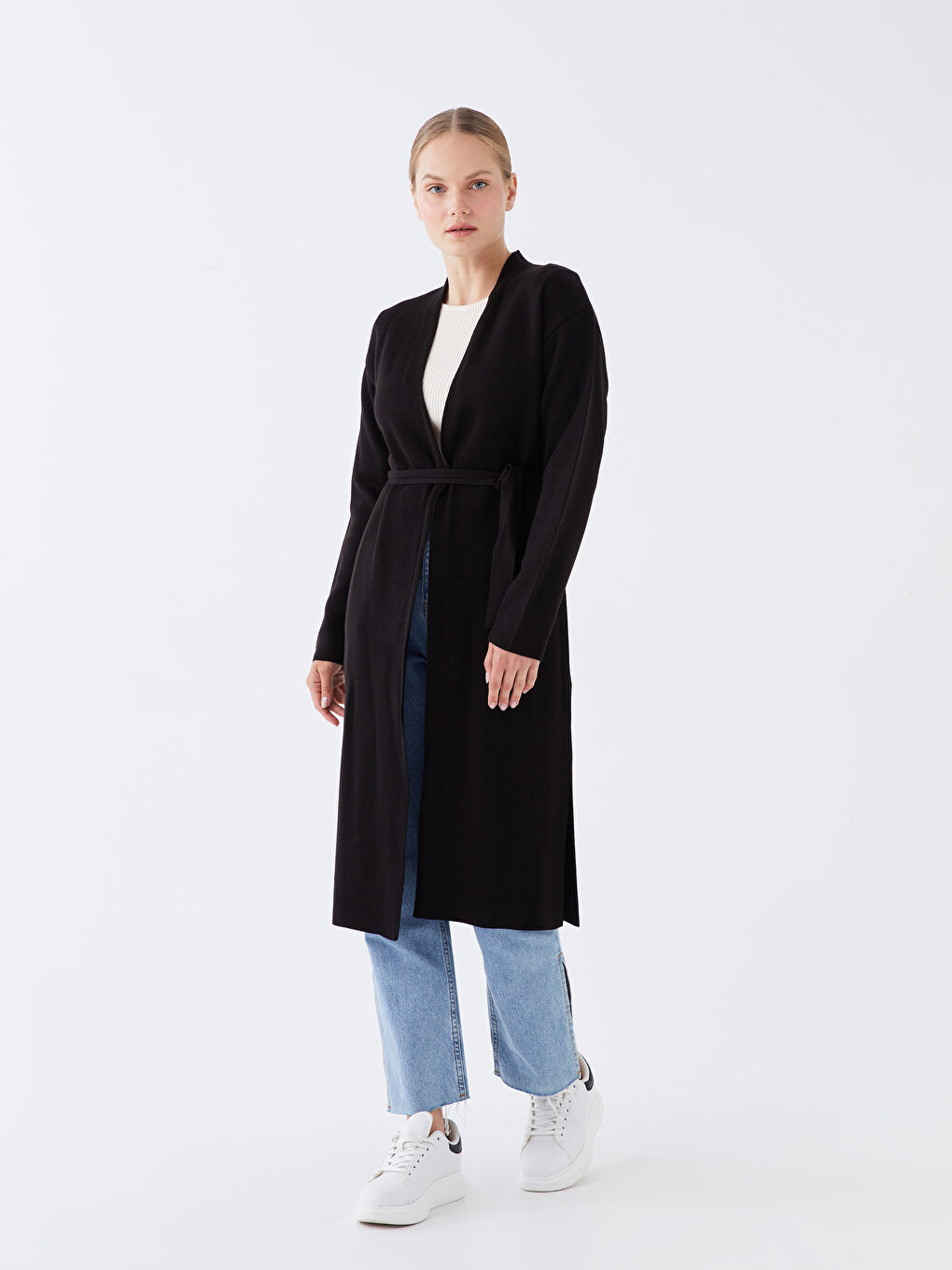 Siyah Şal Yaka Düz Uzun Kollu Kadın Triko Hırka-1