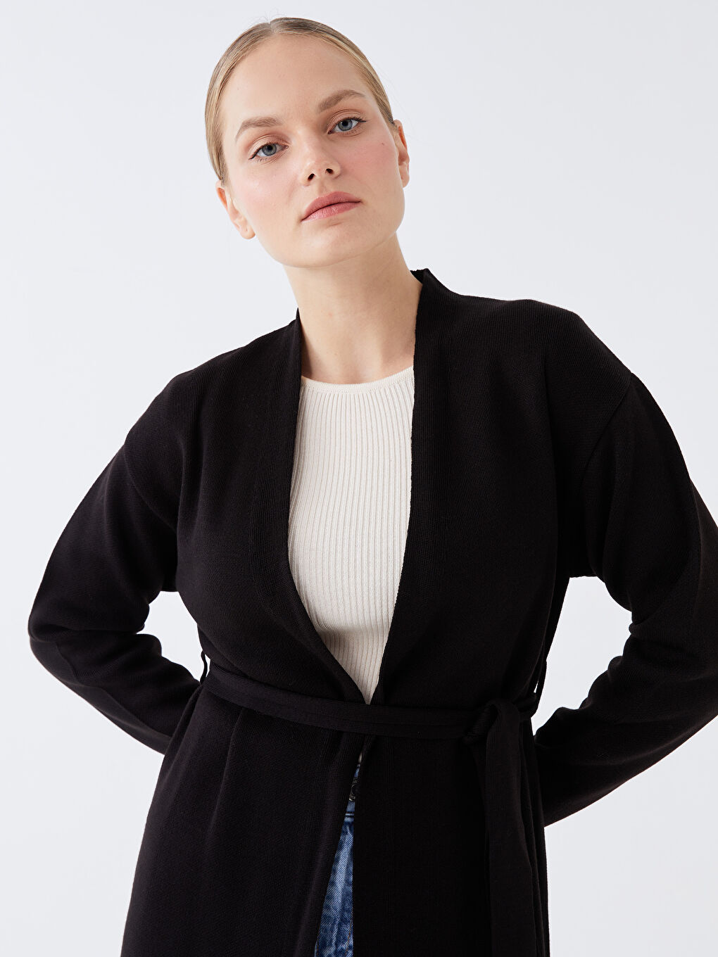 Siyah Şal Yaka Düz Uzun Kollu Kadın Triko Hırka-2