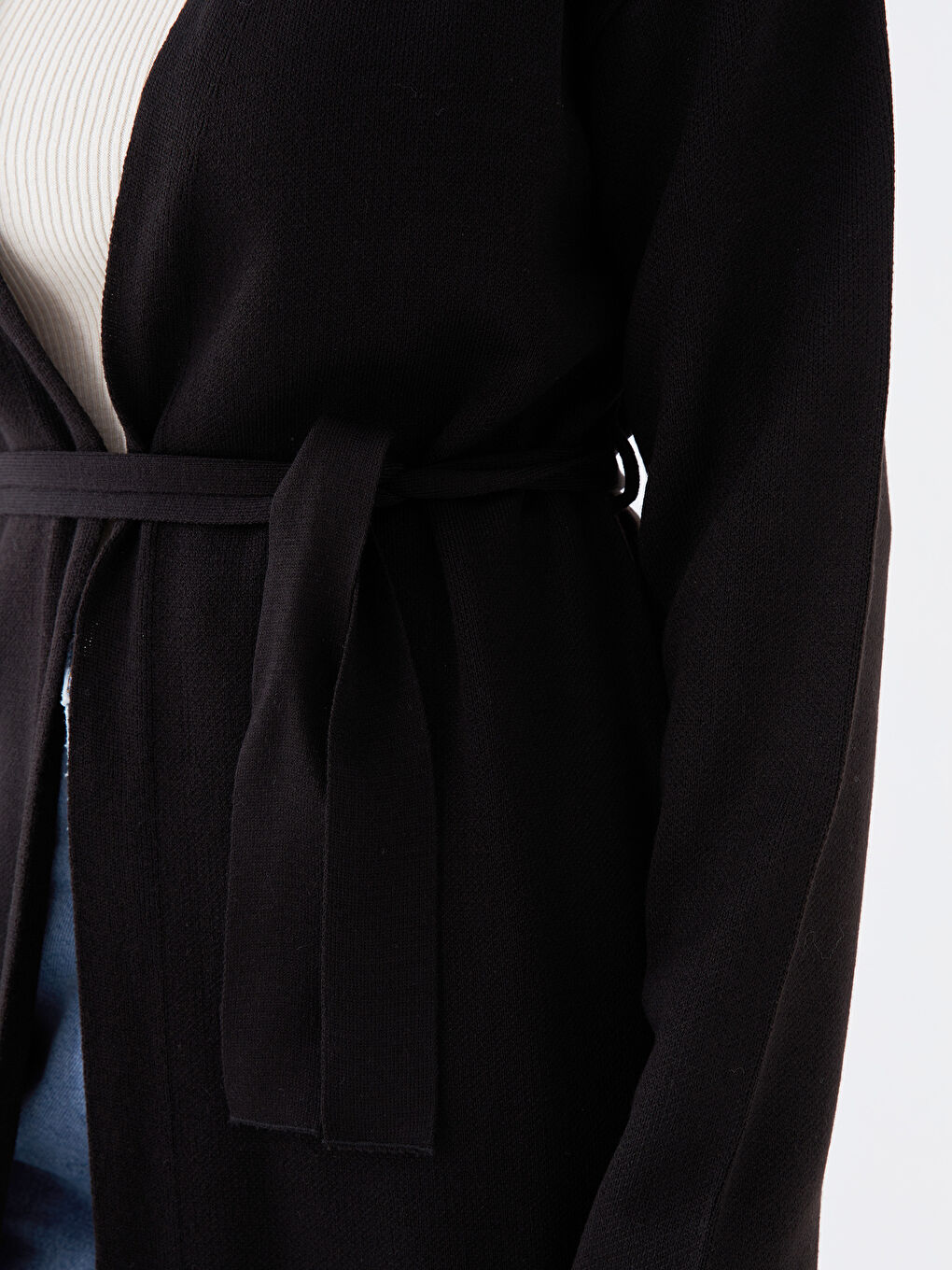 Siyah Şal Yaka Düz Uzun Kollu Kadın Triko Hırka-3