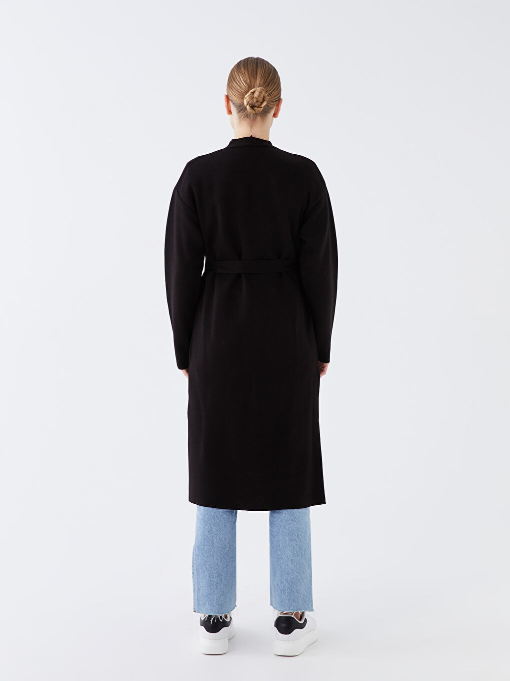 Siyah Şal Yaka Düz Uzun Kollu Kadın Triko Hırka-4