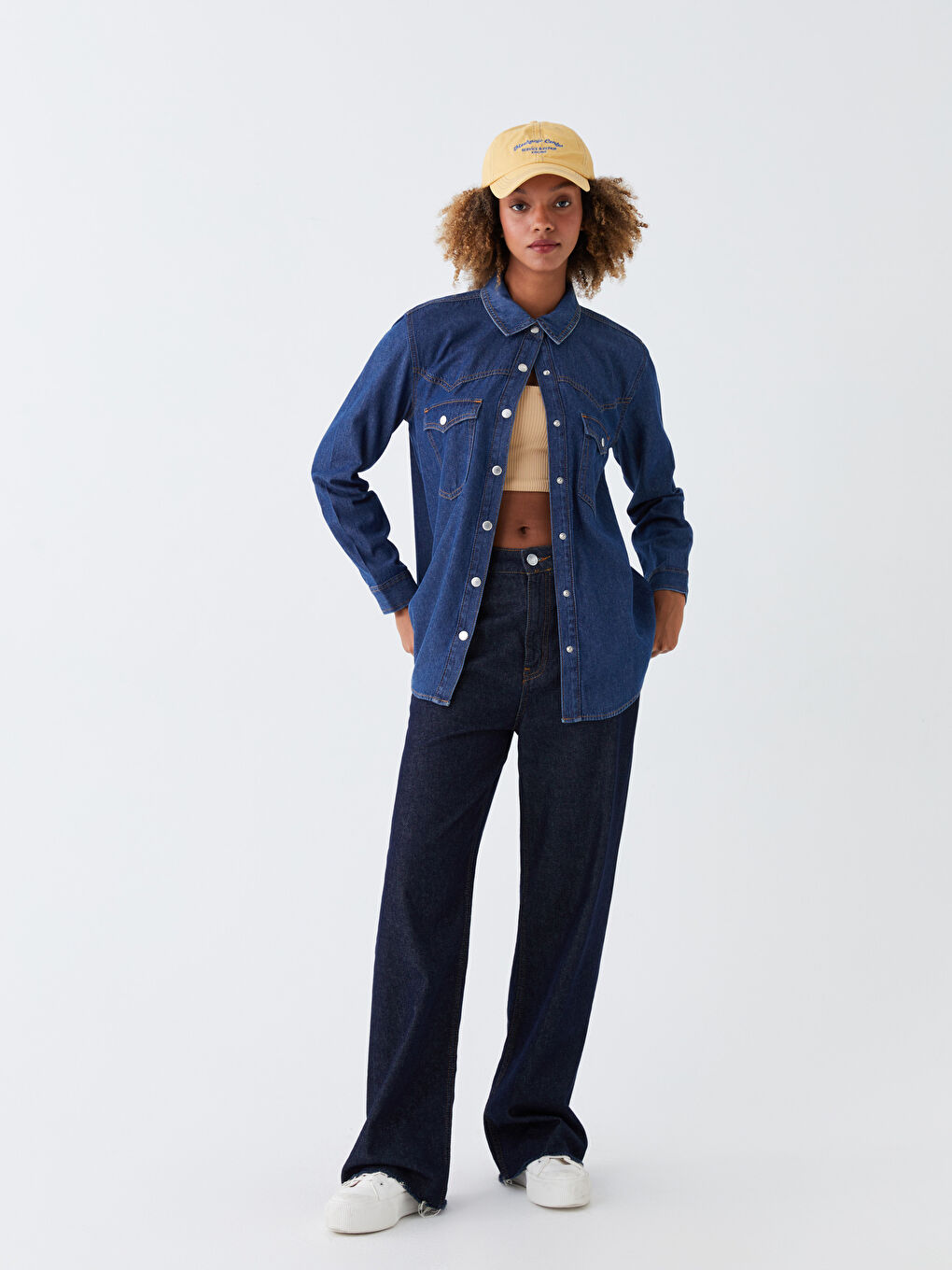 Plain Long Sleeve Women's Denim Shirt-2