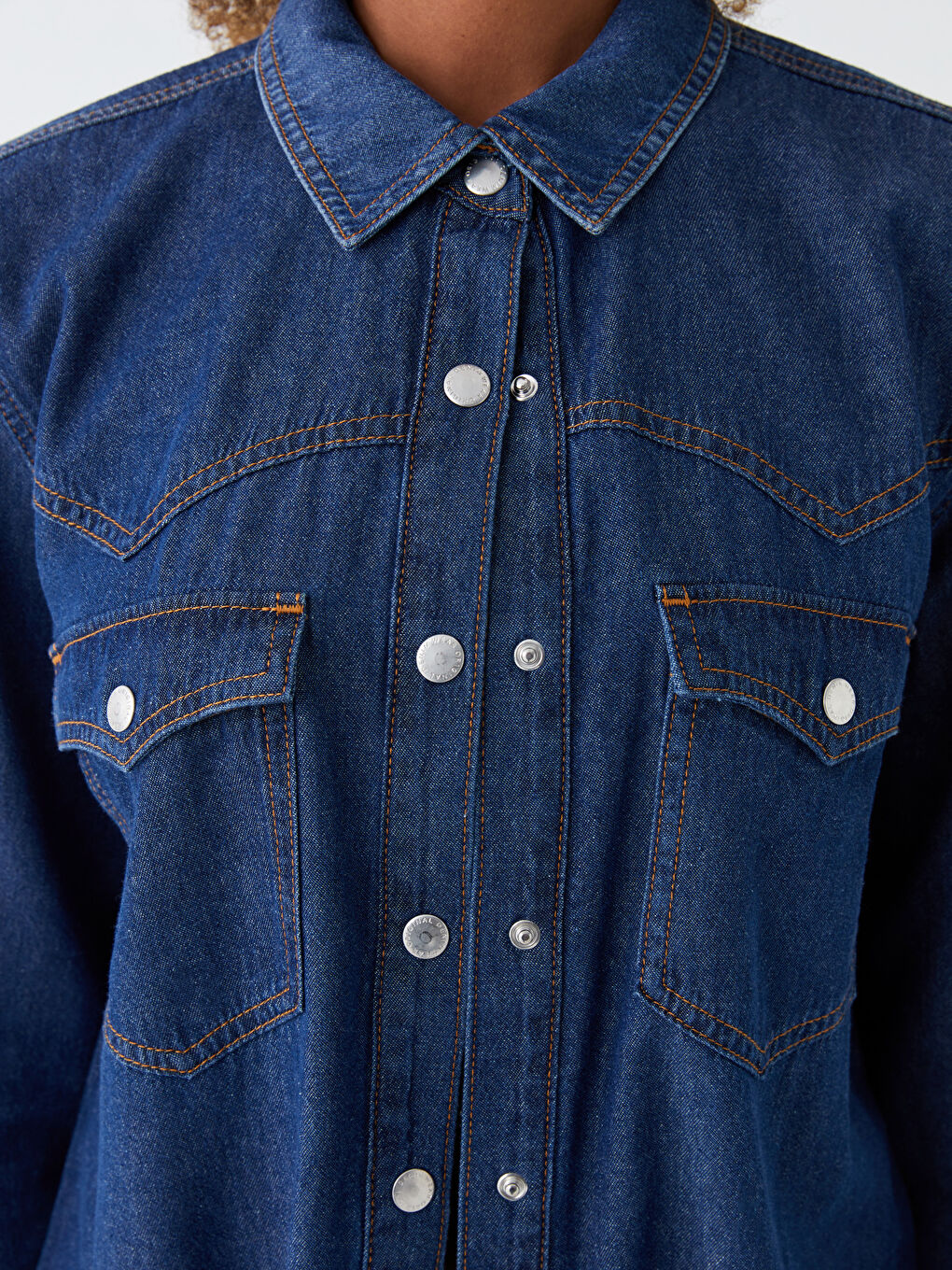 Plain Long Sleeve Women's Denim Shirt-3