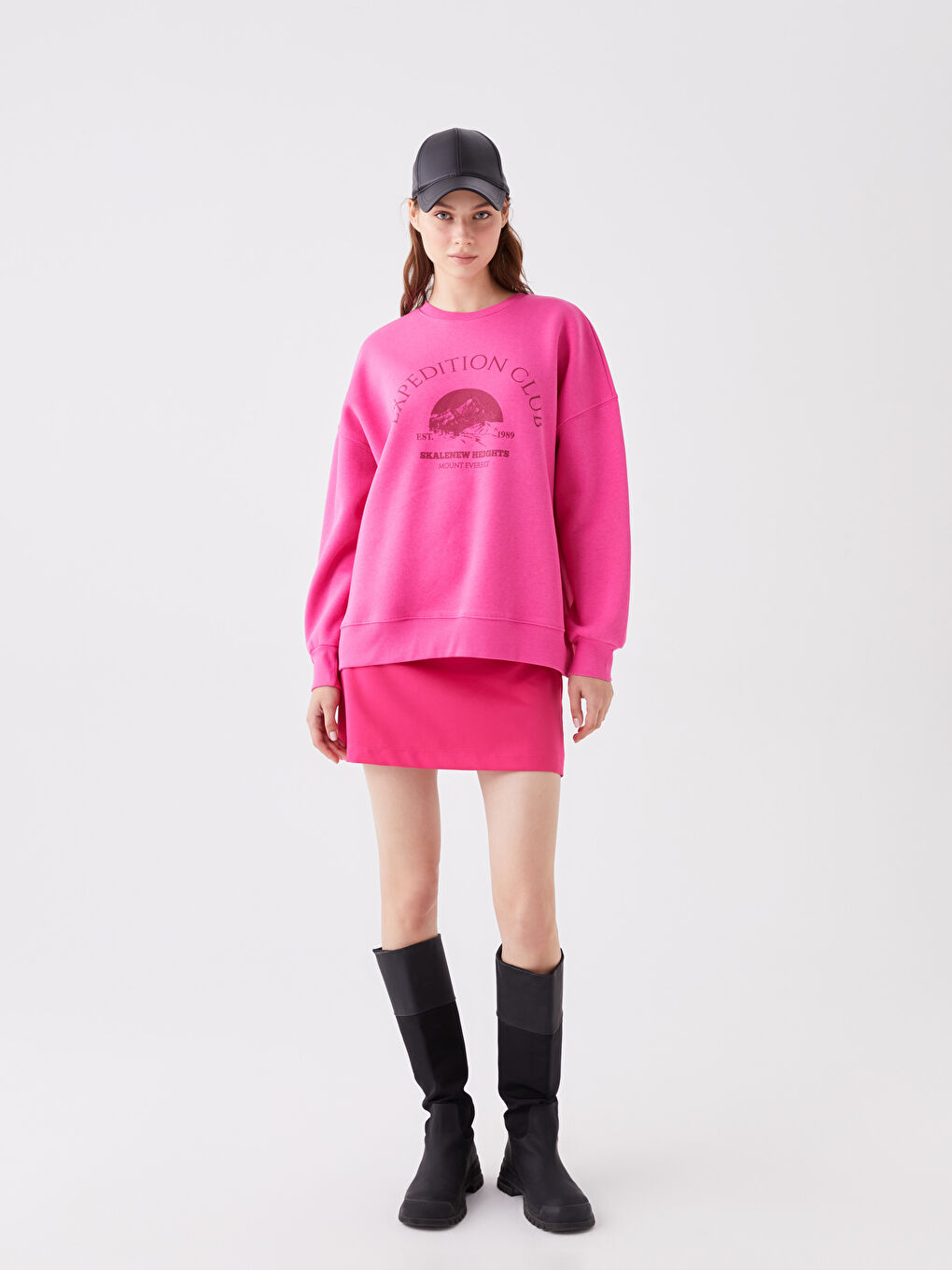 LCW Vision Fuşya Bisiklet Yaka Baskılı Oversize Kadın Kalın Sweatshirt - 2