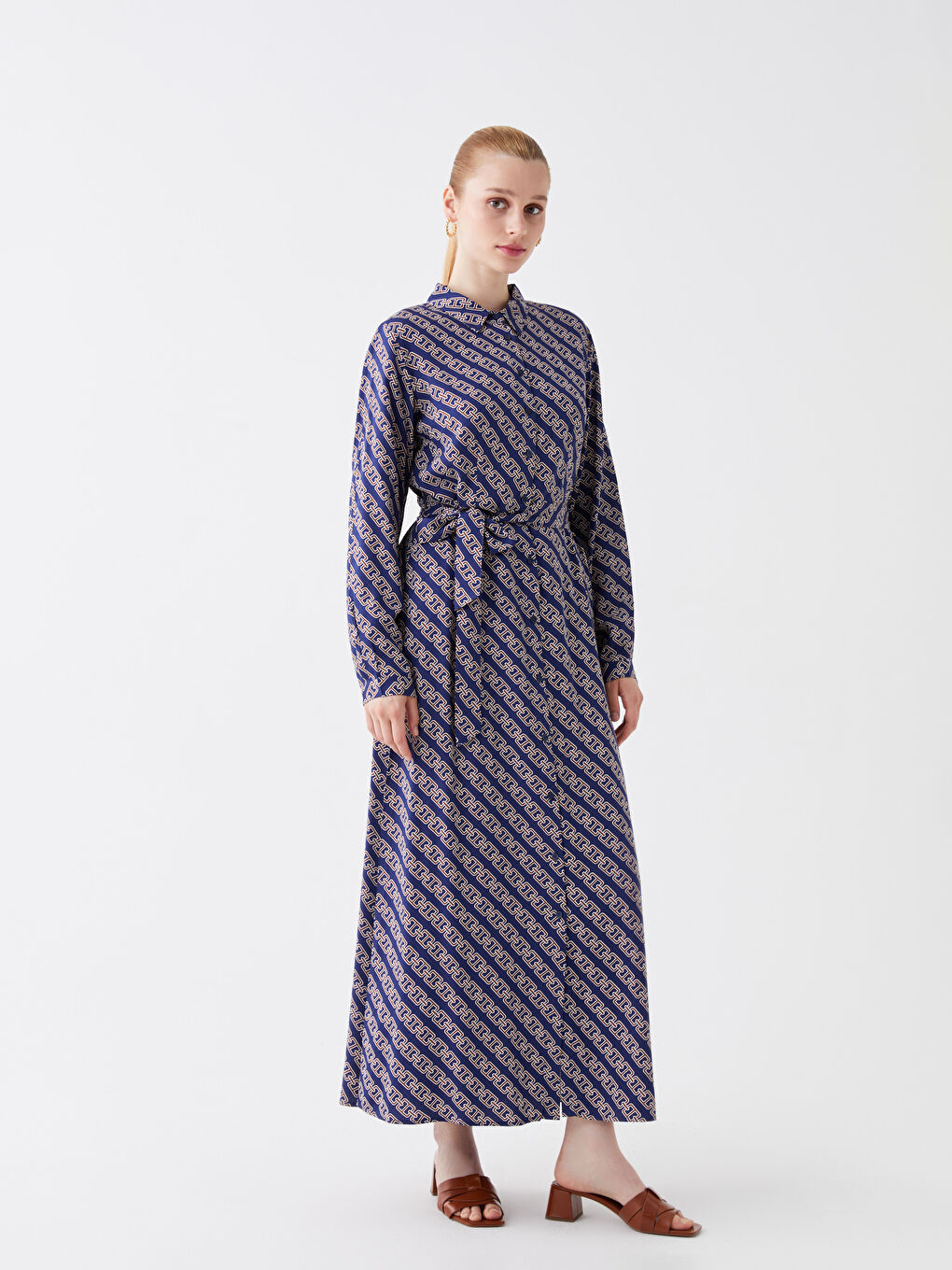Patterned Long Sleeve Women's Shirt Dress-1