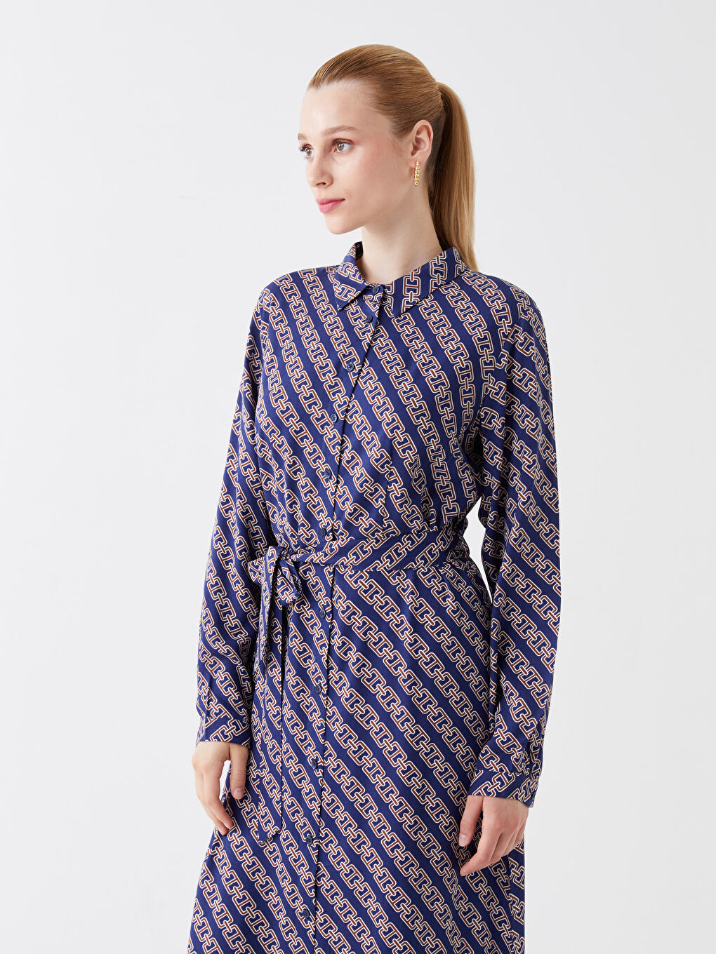 Patterned Long Sleeve Women's Shirt Dress-2