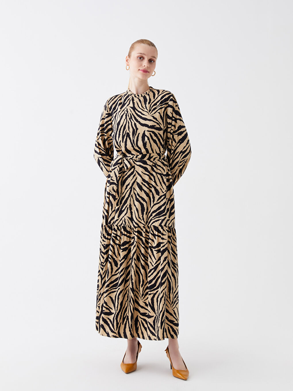 LCW Modest Crew Neck Patterned Long Sleeve Women's Dress -W3CR62Z8-LQB