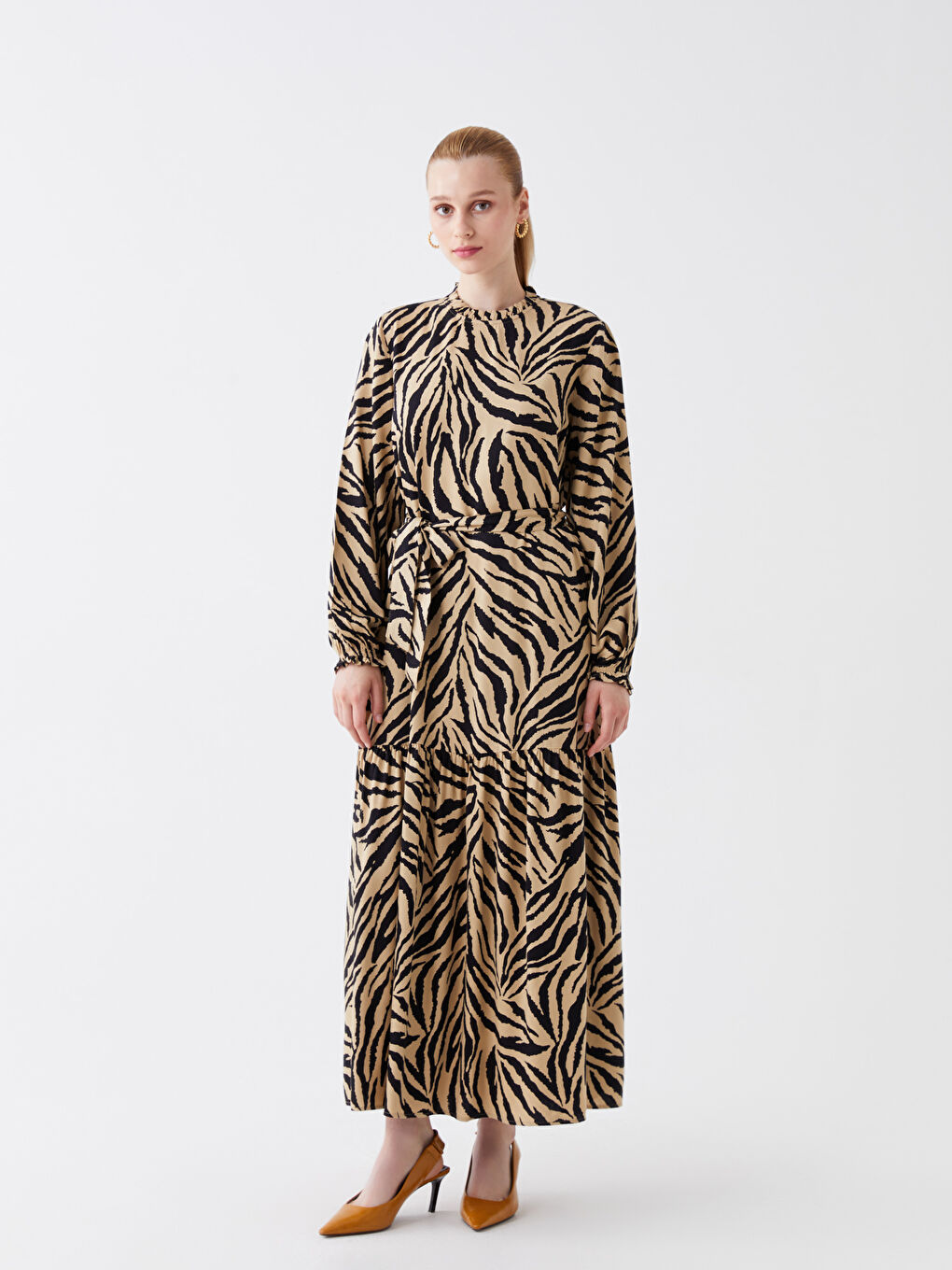 LCW Modest Crew Neck Patterned Long Sleeve Women's Dress -W3CR62Z8-LQB