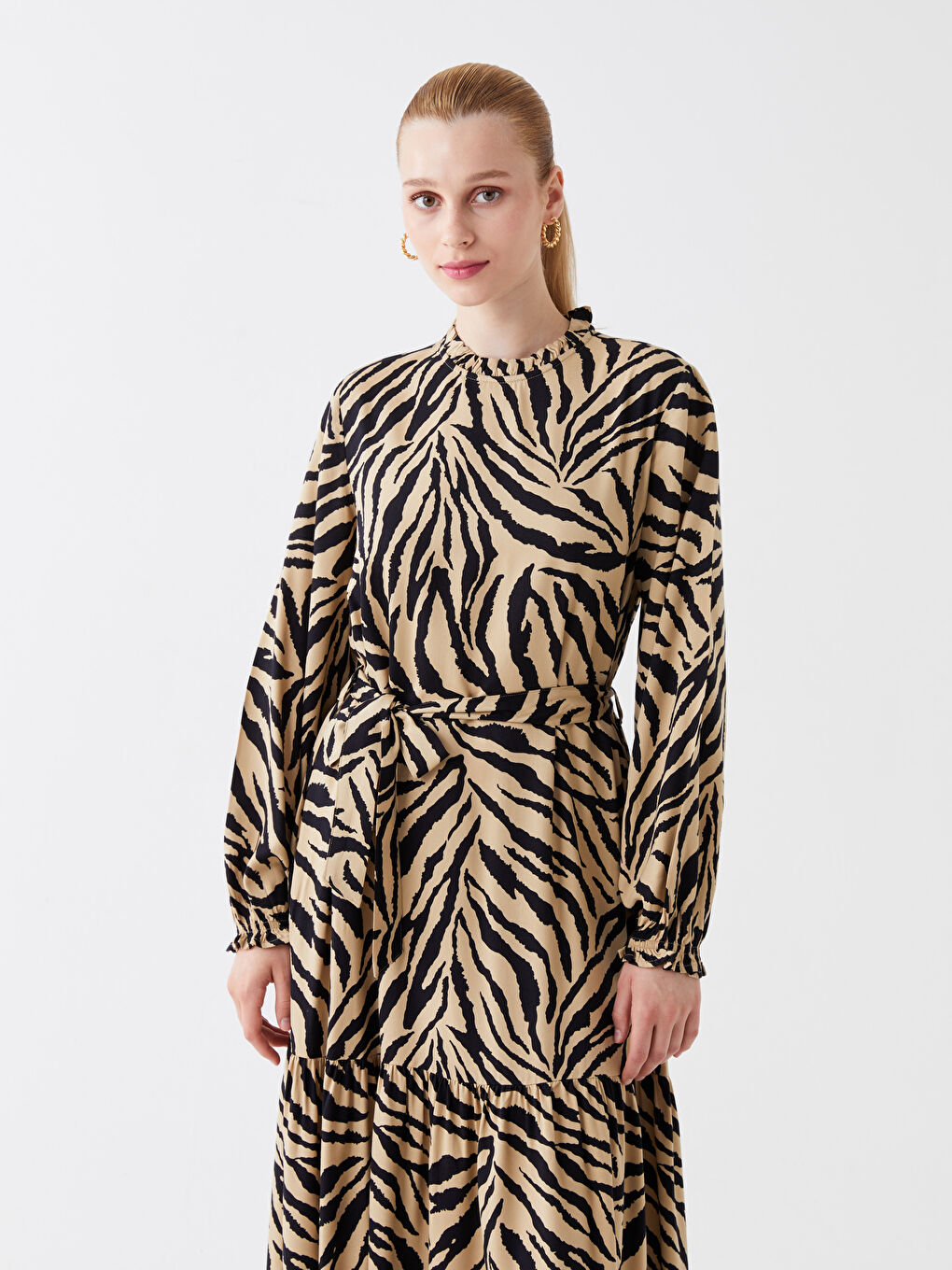 LCW Modest Crew Neck Patterned Long Sleeve Women's Dress -W3CR62Z8-LQB