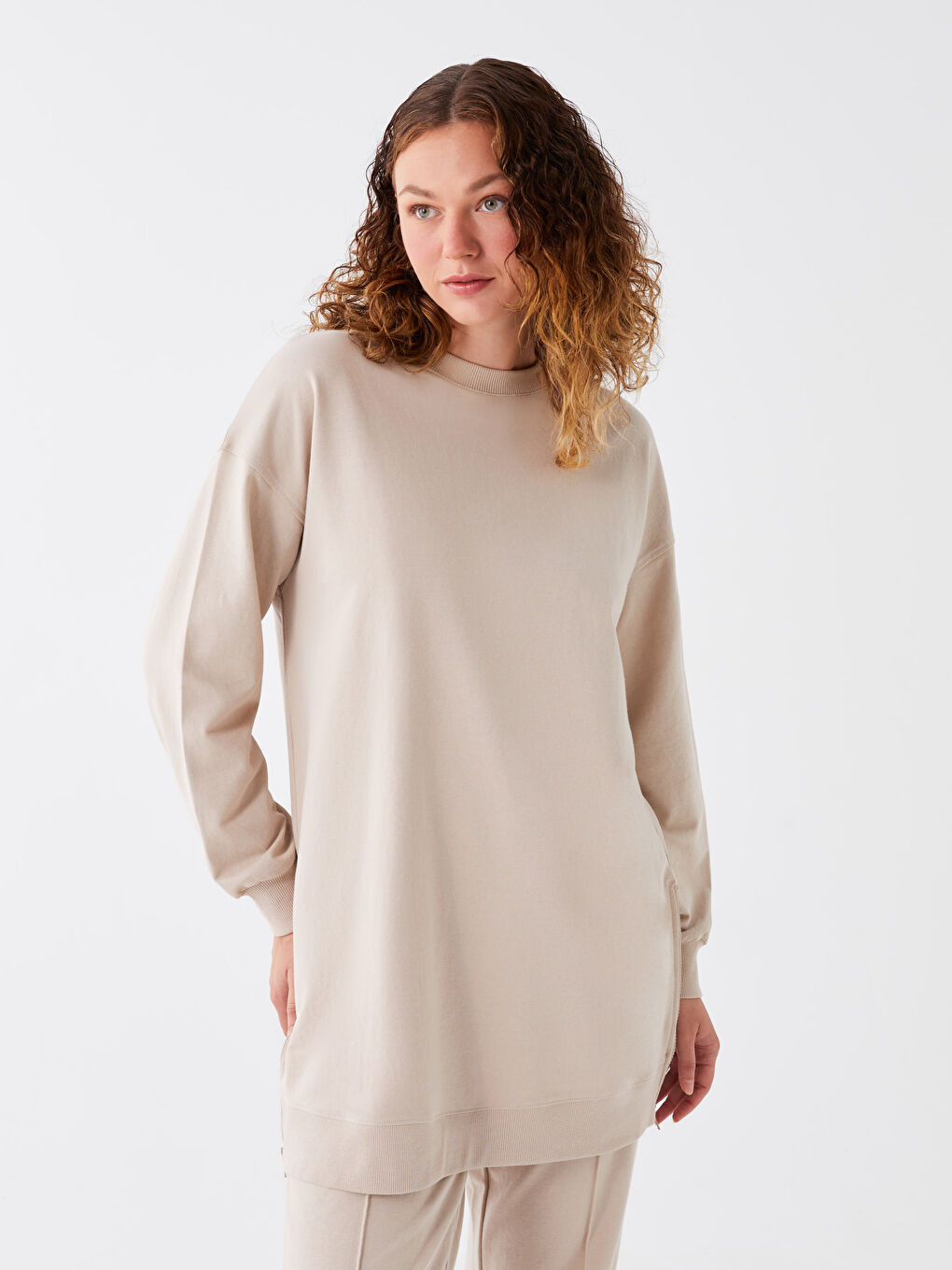 Bej Bisiklet Yaka Düz Oversize Kadın Sweatshirt Tunik