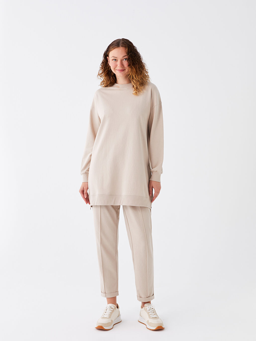 Bej Bisiklet Yaka Düz Oversize Kadın Sweatshirt Tunik-2