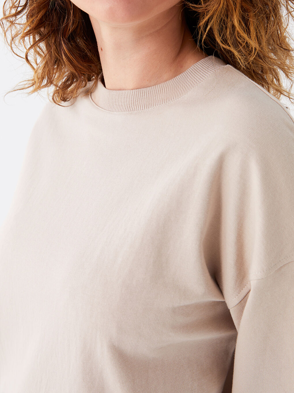 Bej Bisiklet Yaka Düz Oversize Kadın Sweatshirt Tunik-3