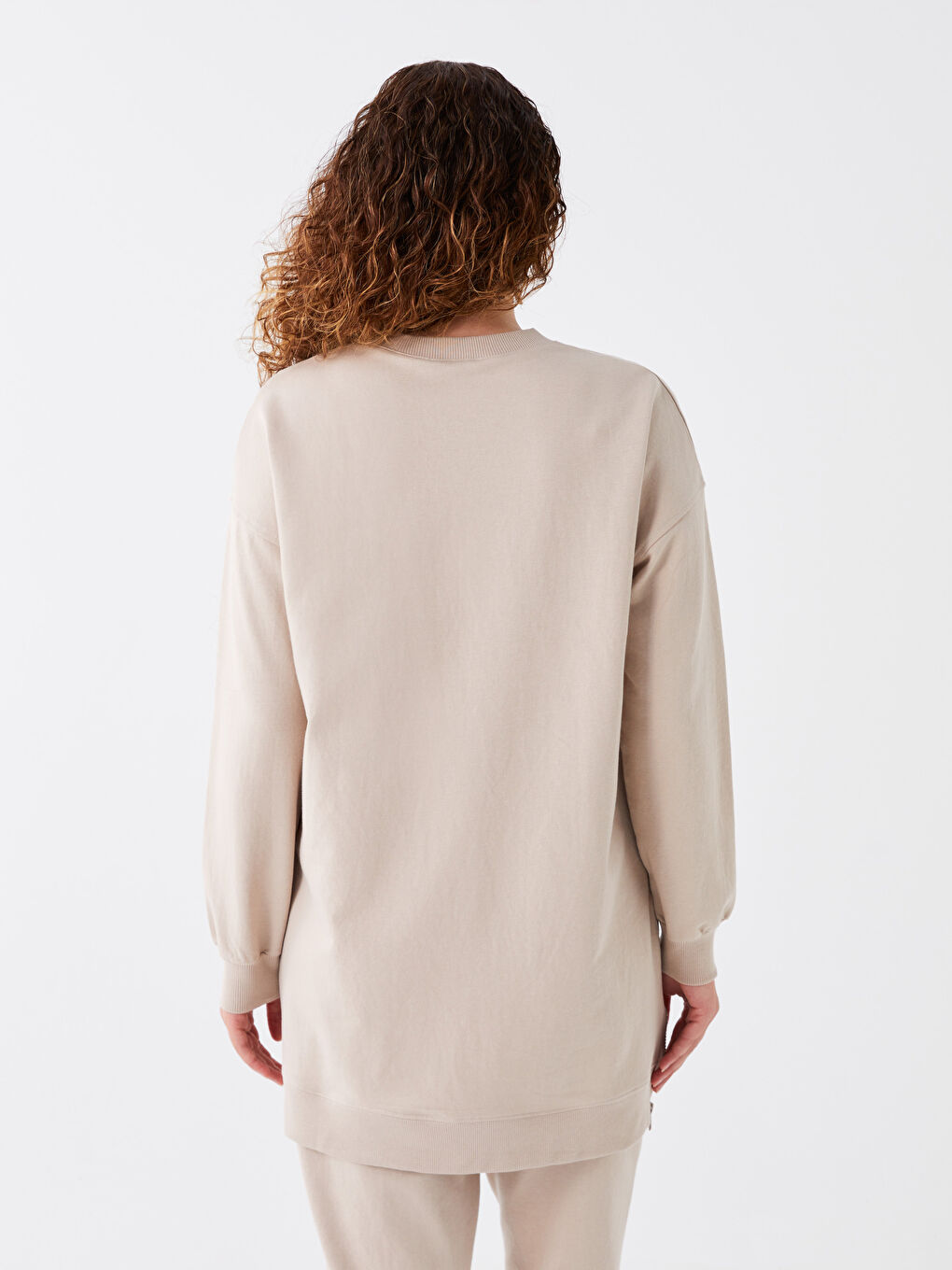 Bej Bisiklet Yaka Düz Oversize Kadın Sweatshirt Tunik-4