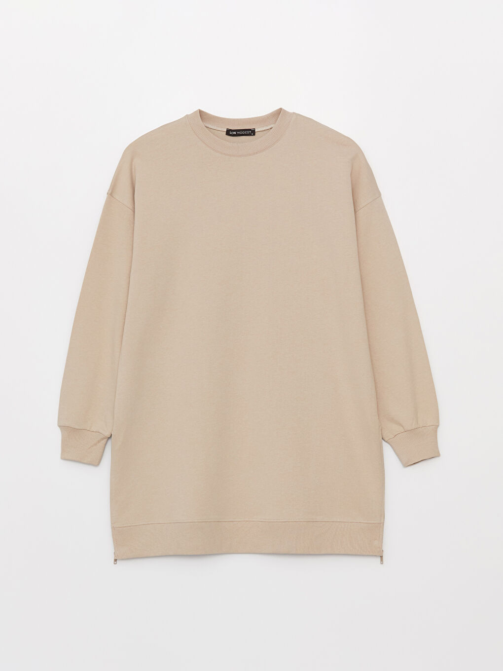 Bej Bisiklet Yaka Düz Oversize Kadın Sweatshirt Tunik-5