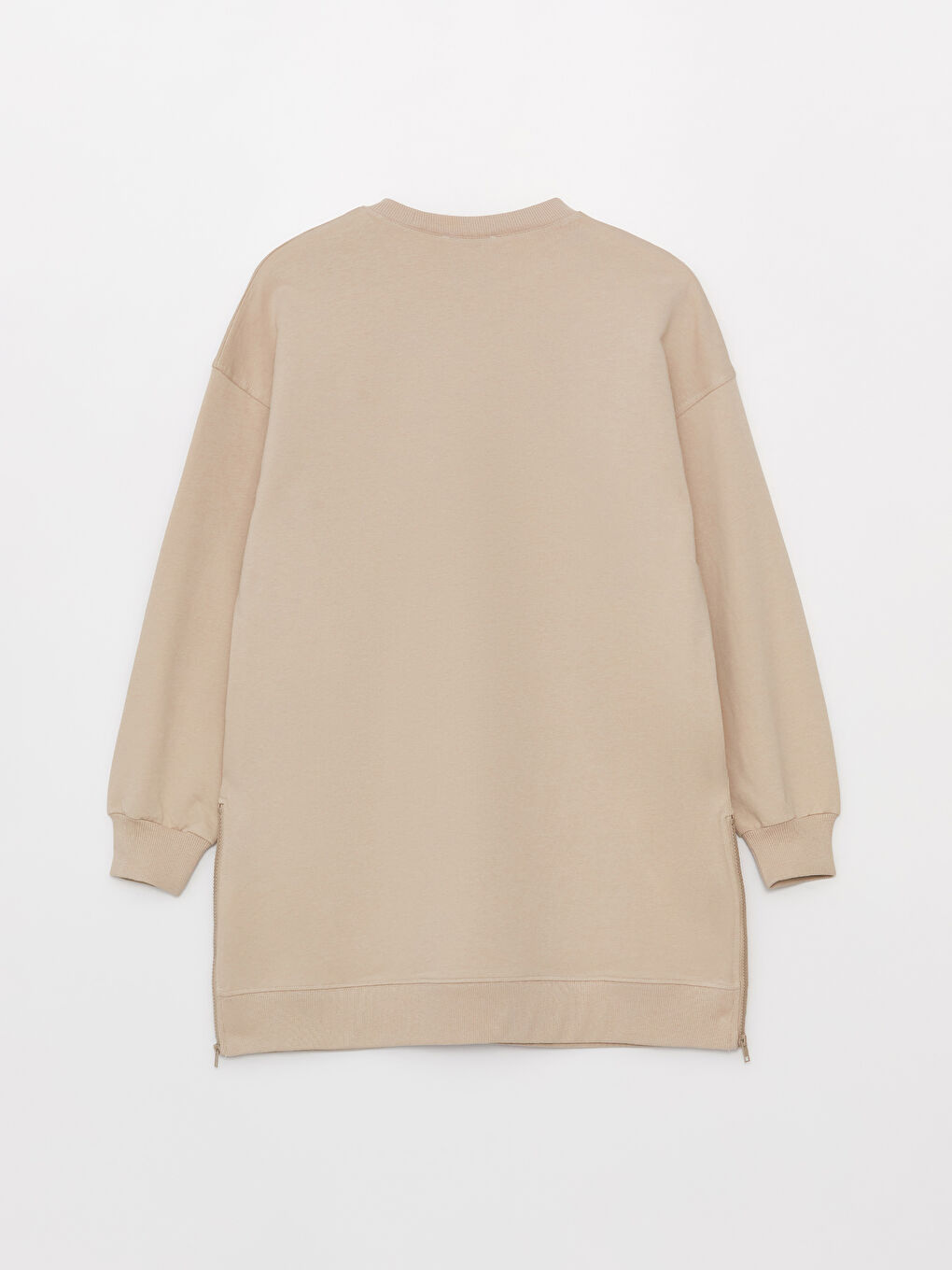 Bej Bisiklet Yaka Düz Oversize Kadın Sweatshirt Tunik-6