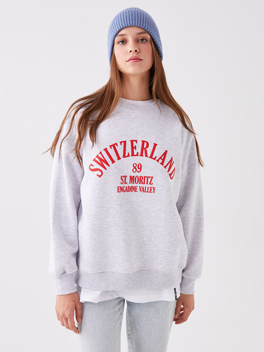 Gri Bisiklet Yaka Baskılı Oversize Kadın Kalın Sweatshirt-1