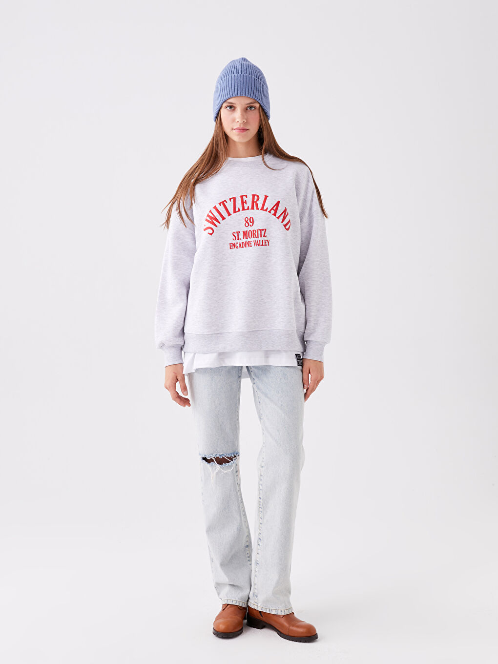 Gri Bisiklet Yaka Baskılı Oversize Kadın Kalın Sweatshirt-2